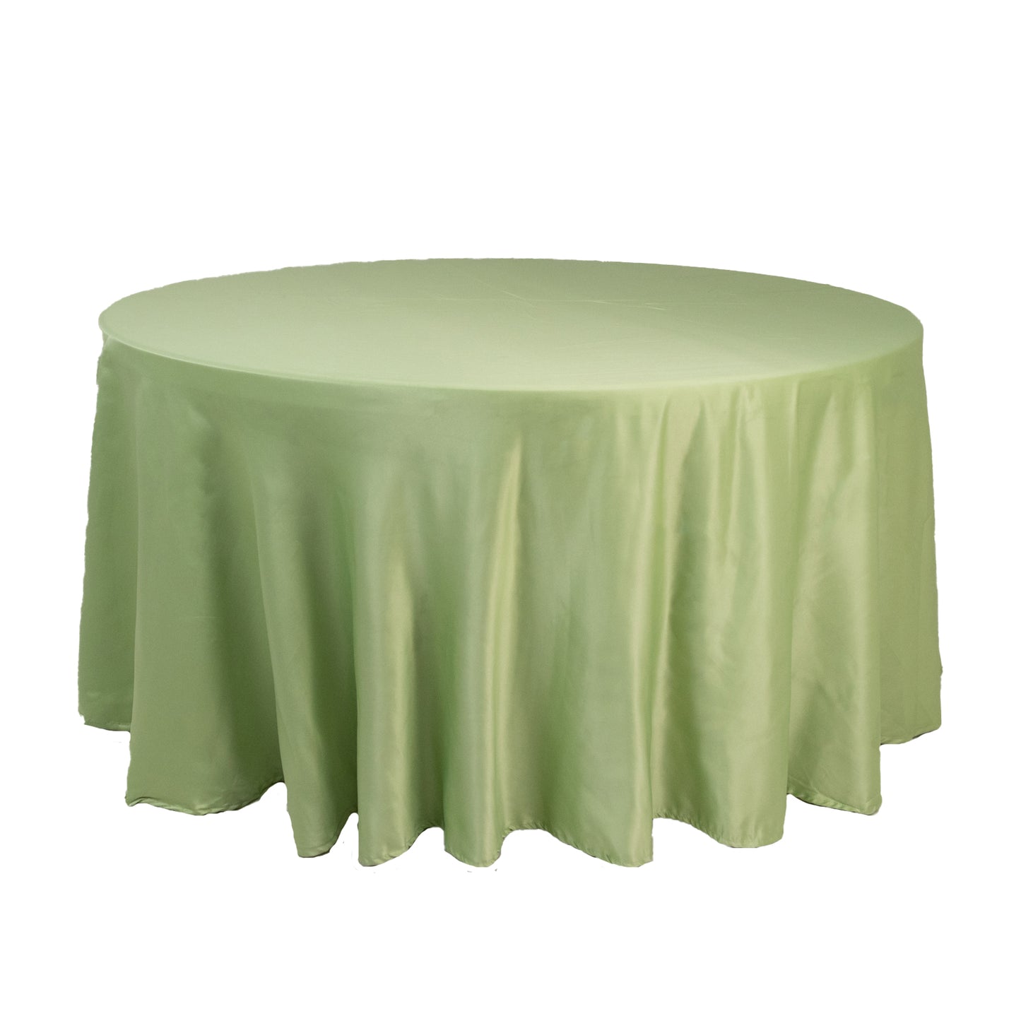 120" Sage Green Seamless Lamour Satin Round Tablecloth for 5 Foot Table With Floor-Length Drop