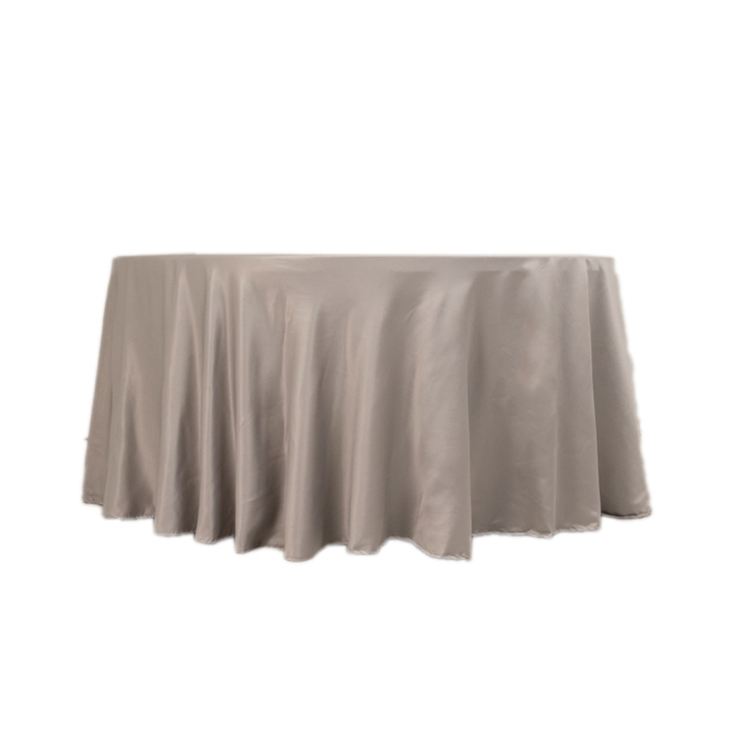120" Silver Seamless Lamour Satin Round Tablecloth for 5 Foot Table With Floor-Length Drop