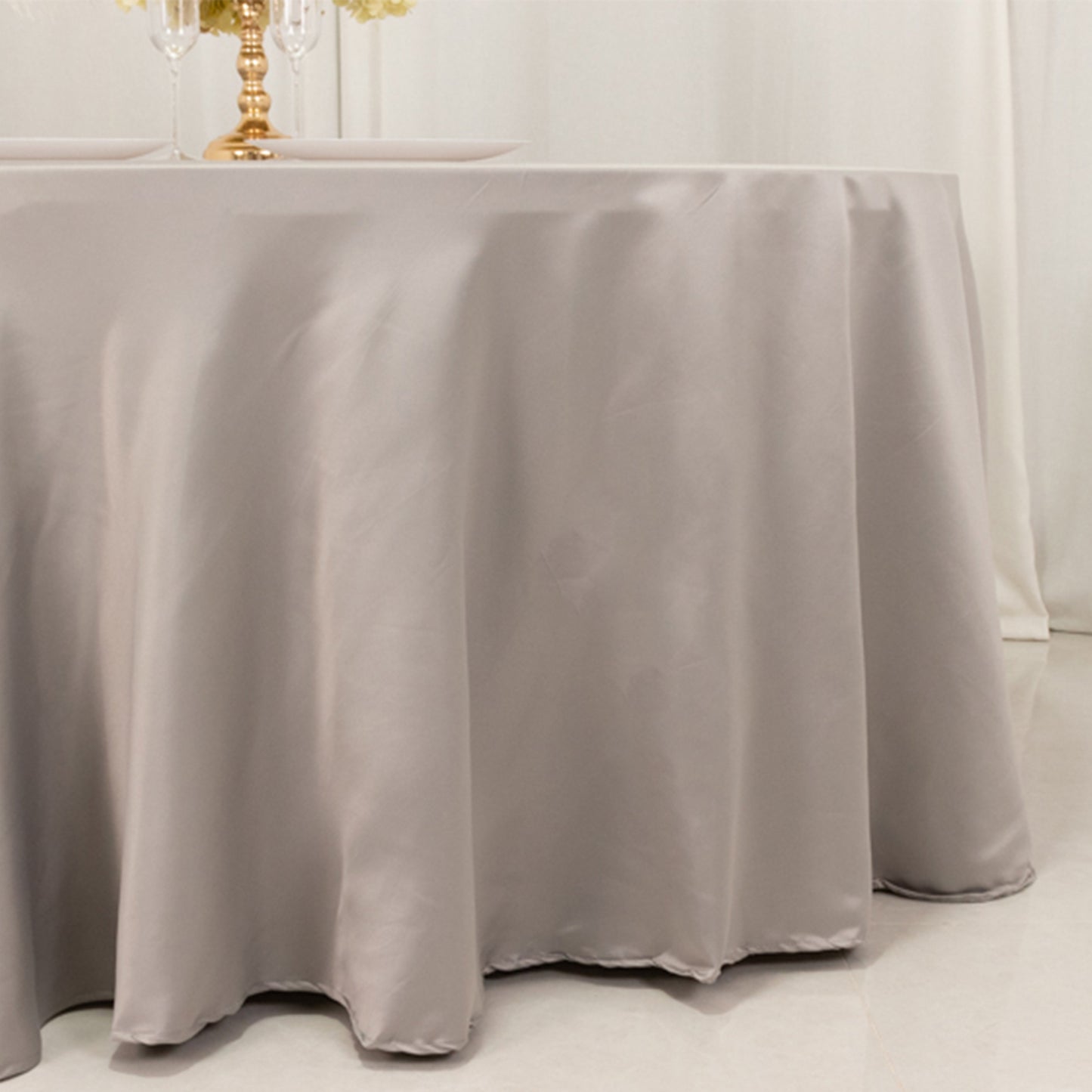 120" Silver Seamless Lamour Satin Round Tablecloth for 5 Foot Table With Floor-Length Drop
