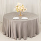 120" Silver Seamless Lamour Satin Round Tablecloth for 5 Foot Table With Floor-Length Drop