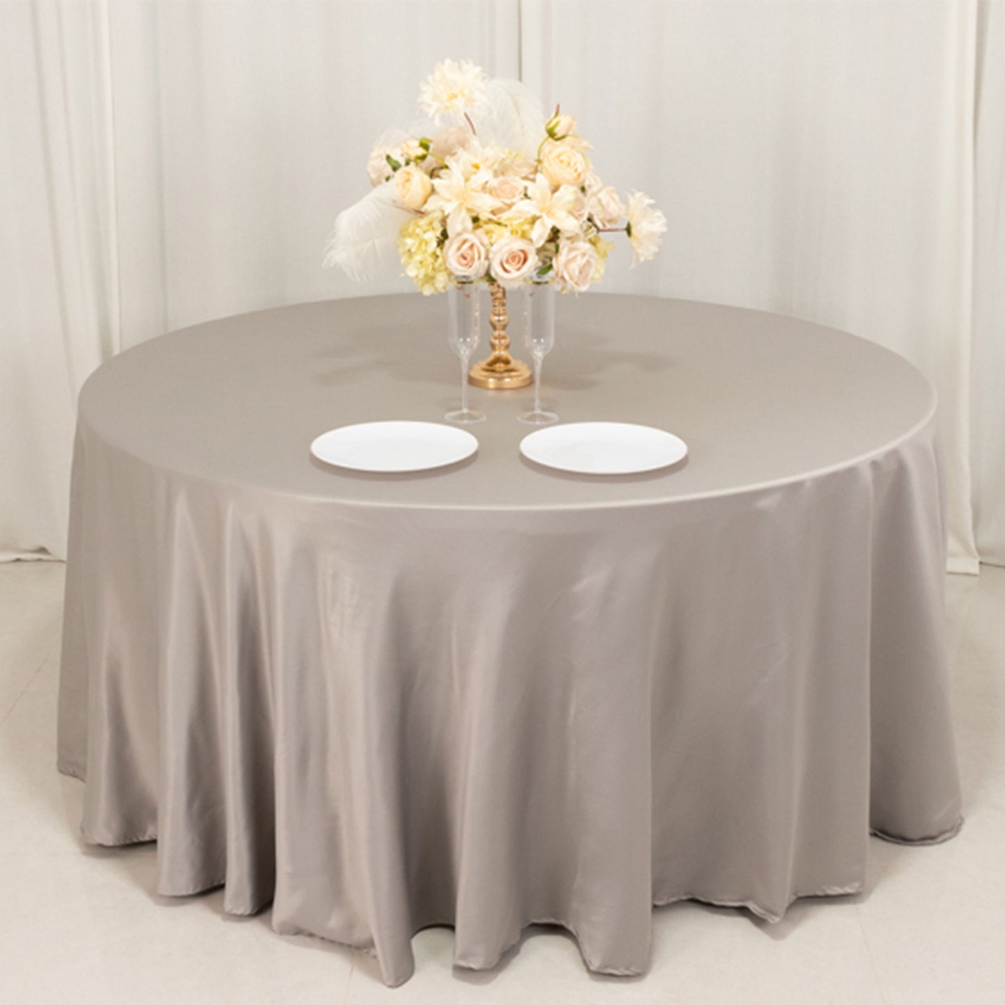 120" Silver Seamless Lamour Satin Round Tablecloth for 5 Foot Table With Floor-Length Drop