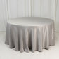 120" Silver Seamless Lamour Satin Round Tablecloth for 5 Foot Table With Floor-Length Drop