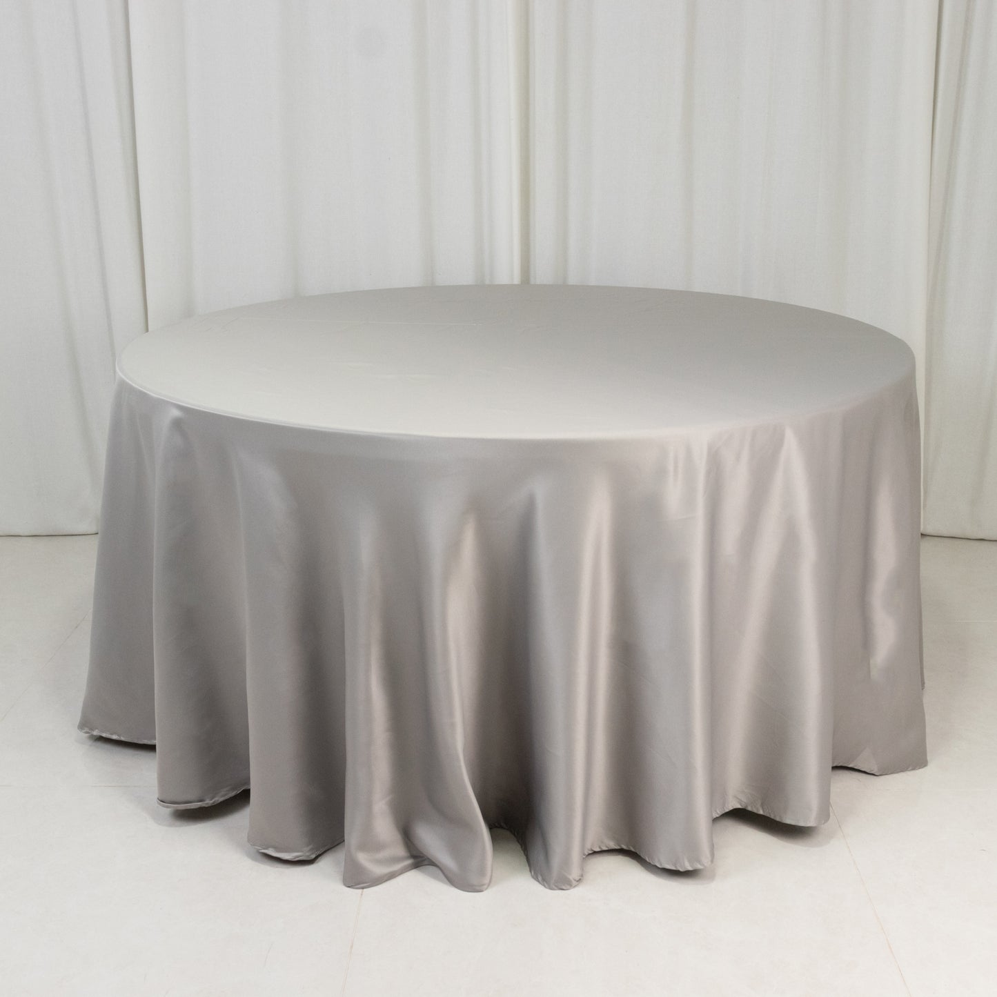 120" Silver Seamless Lamour Satin Round Tablecloth for 5 Foot Table With Floor-Length Drop