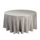 120" Silver Seamless Lamour Satin Round Tablecloth for 5 Foot Table With Floor-Length Drop
