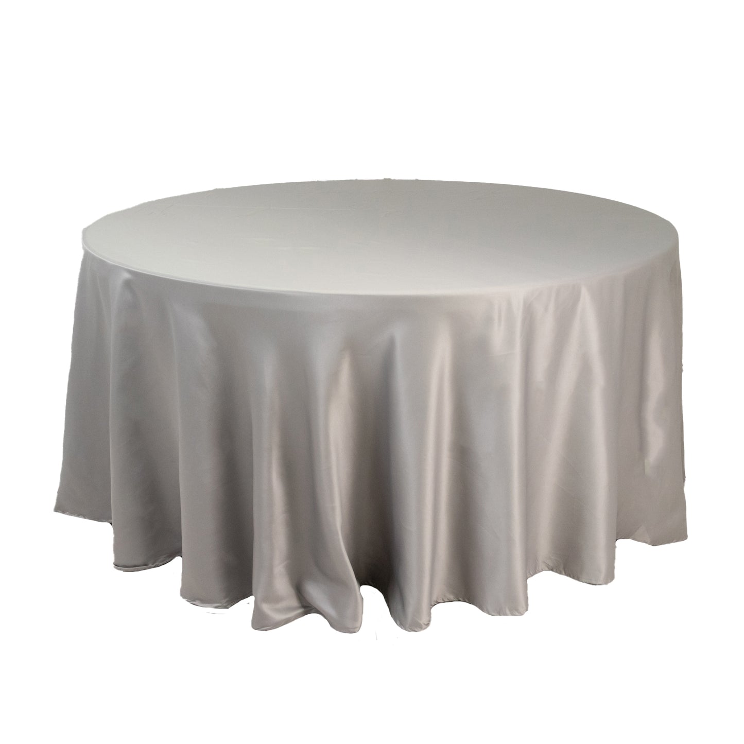 120" Silver Seamless Lamour Satin Round Tablecloth for 5 Foot Table With Floor-Length Drop