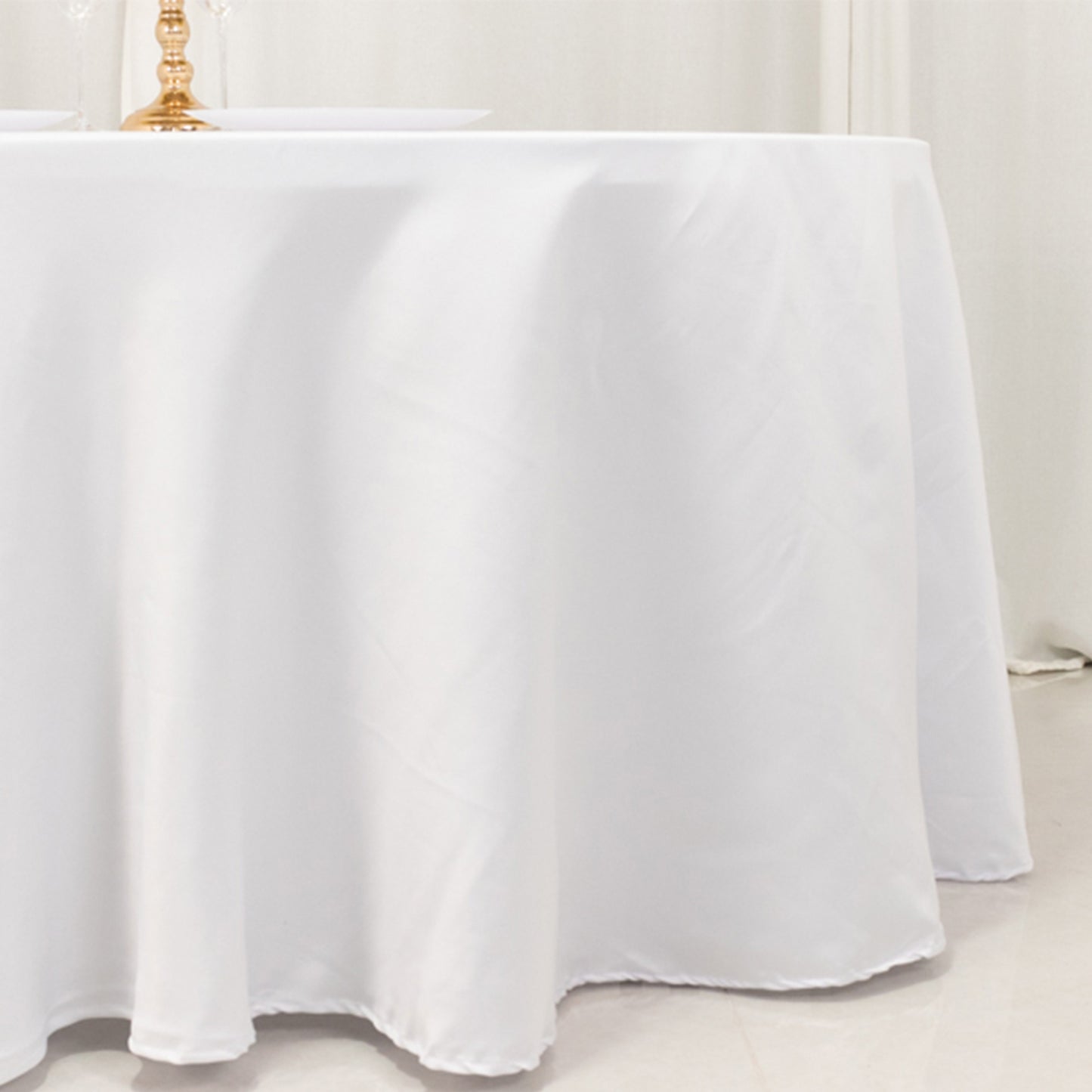 120" White Seamless Lamour Satin Round Tablecloth for 5 Foot Table With Floor-Length Drop