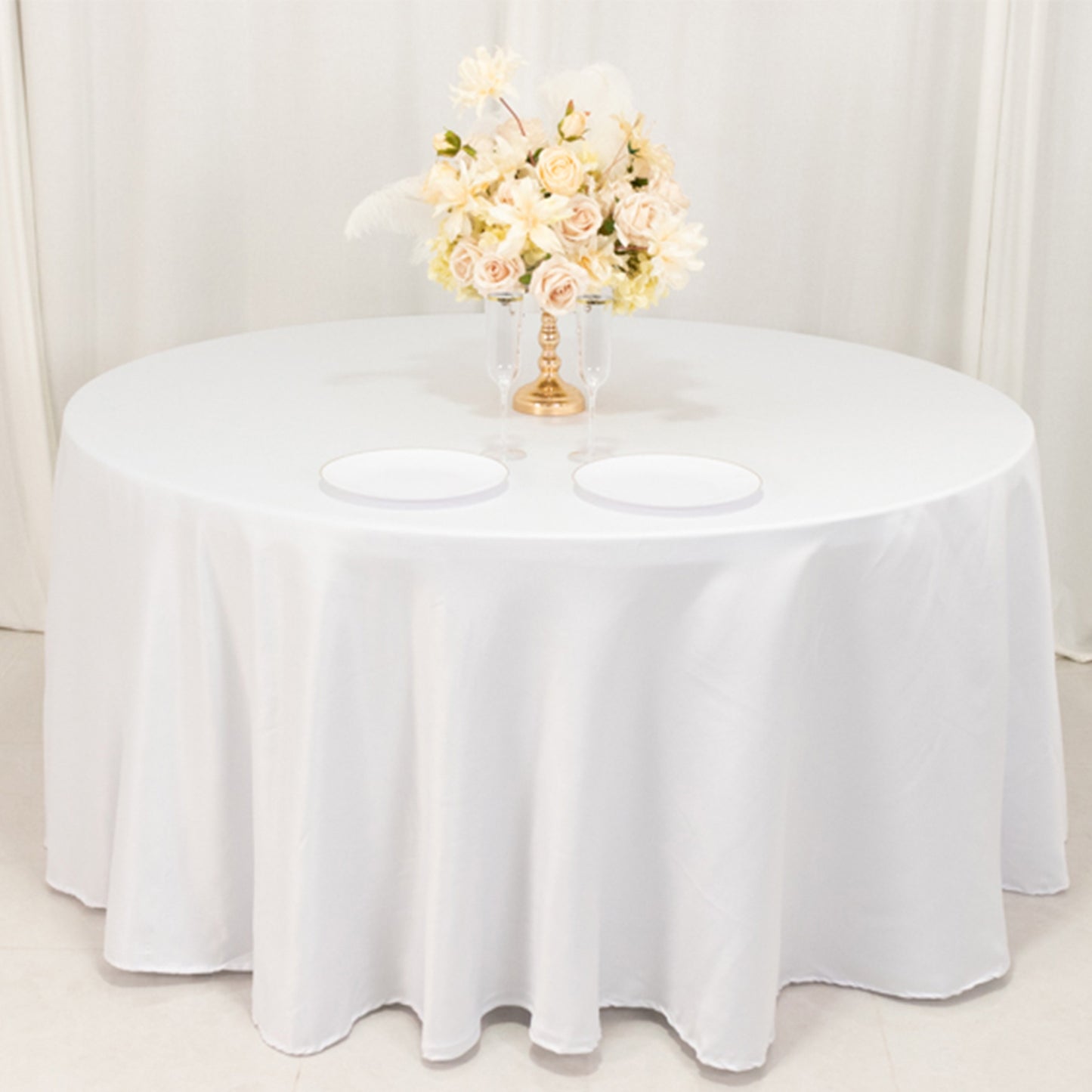 120" White Seamless Lamour Satin Round Tablecloth for 5 Foot Table With Floor-Length Drop