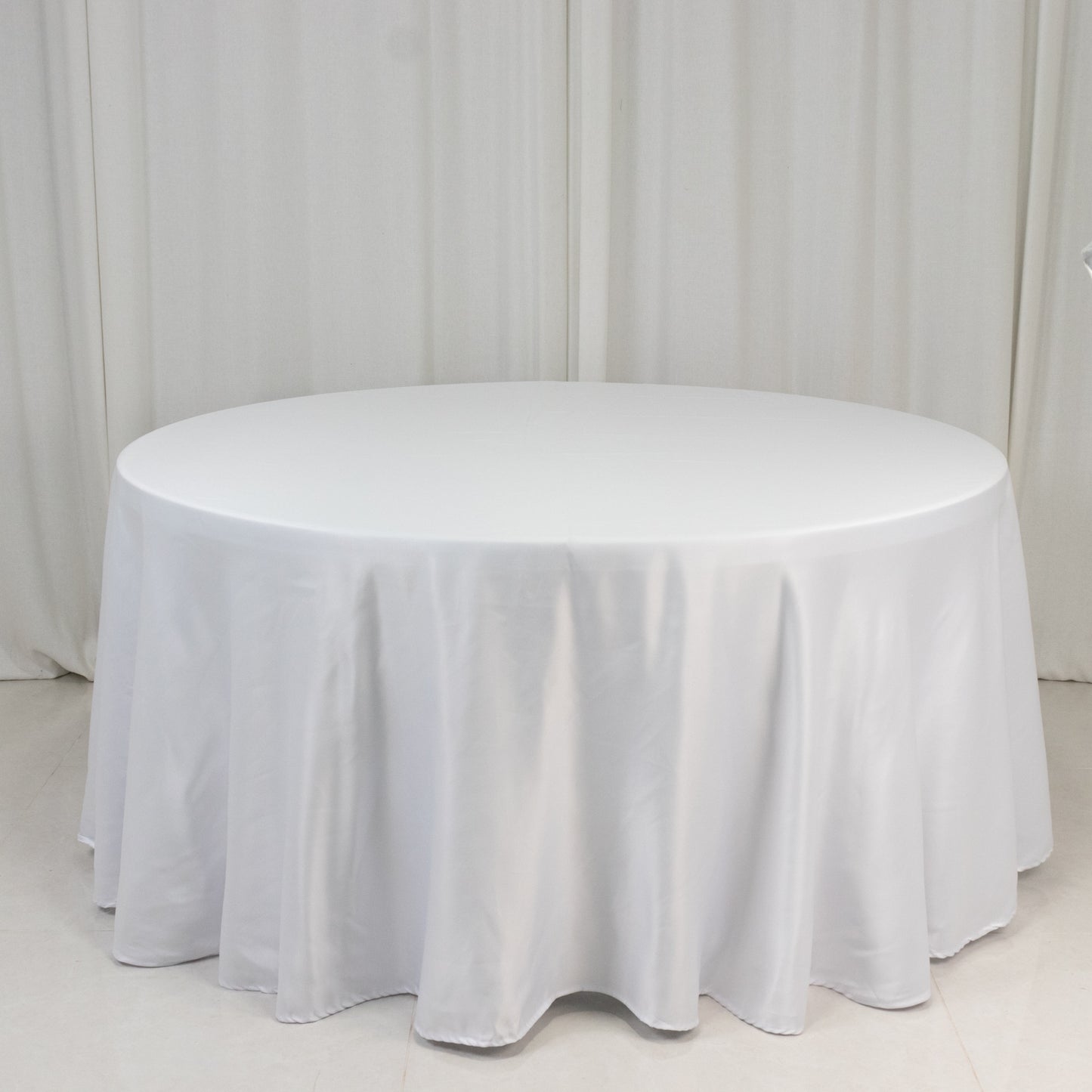120" White Seamless Lamour Satin Round Tablecloth for 5 Foot Table With Floor-Length Drop