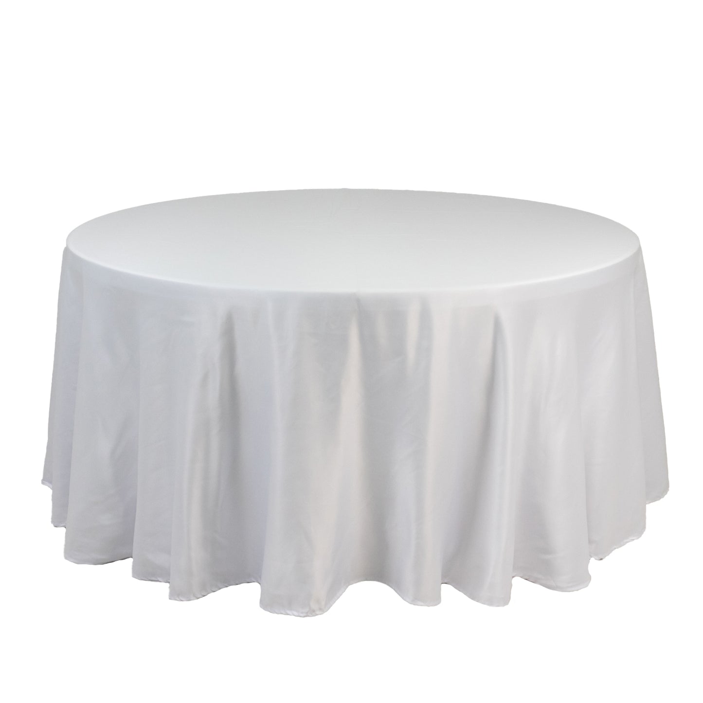 120" White Seamless Lamour Satin Round Tablecloth for 5 Foot Table With Floor-Length Drop