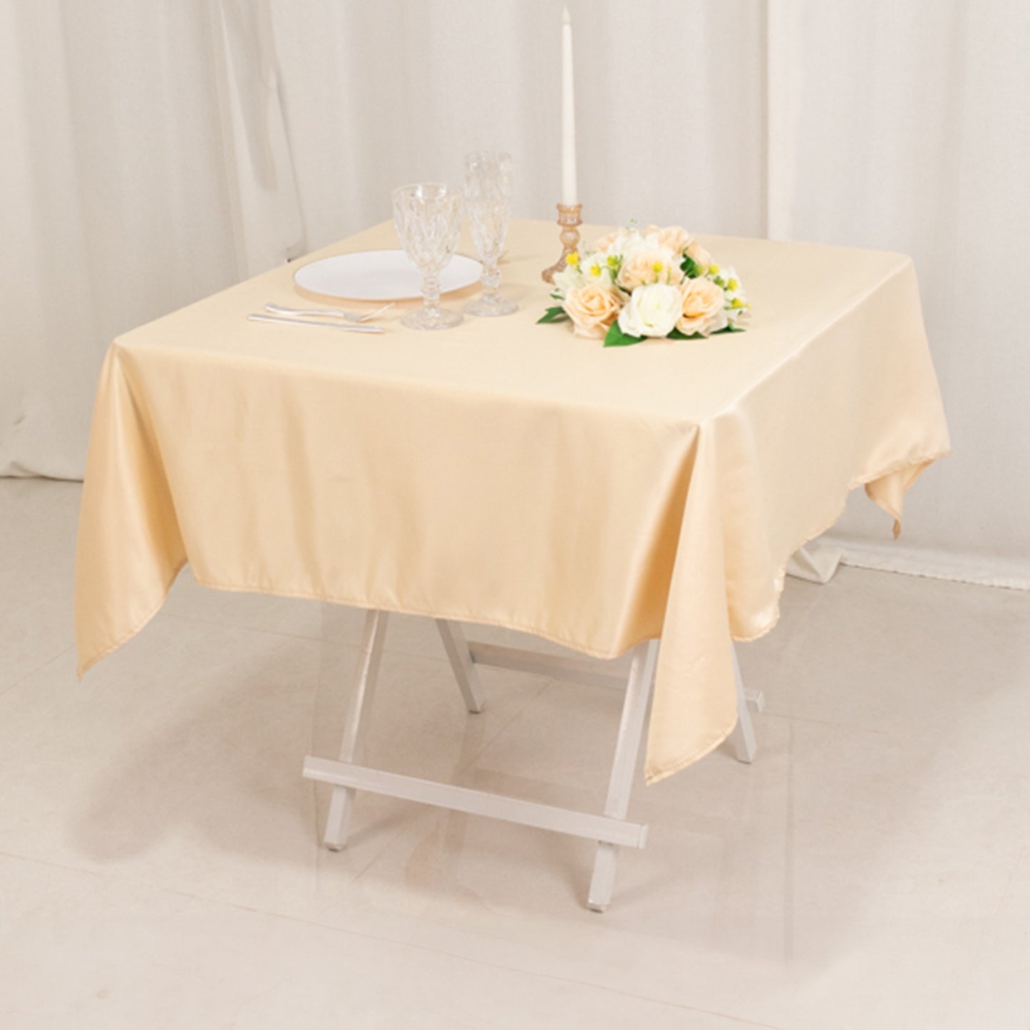 54" Beige Lamour Satin Square Table Overlay