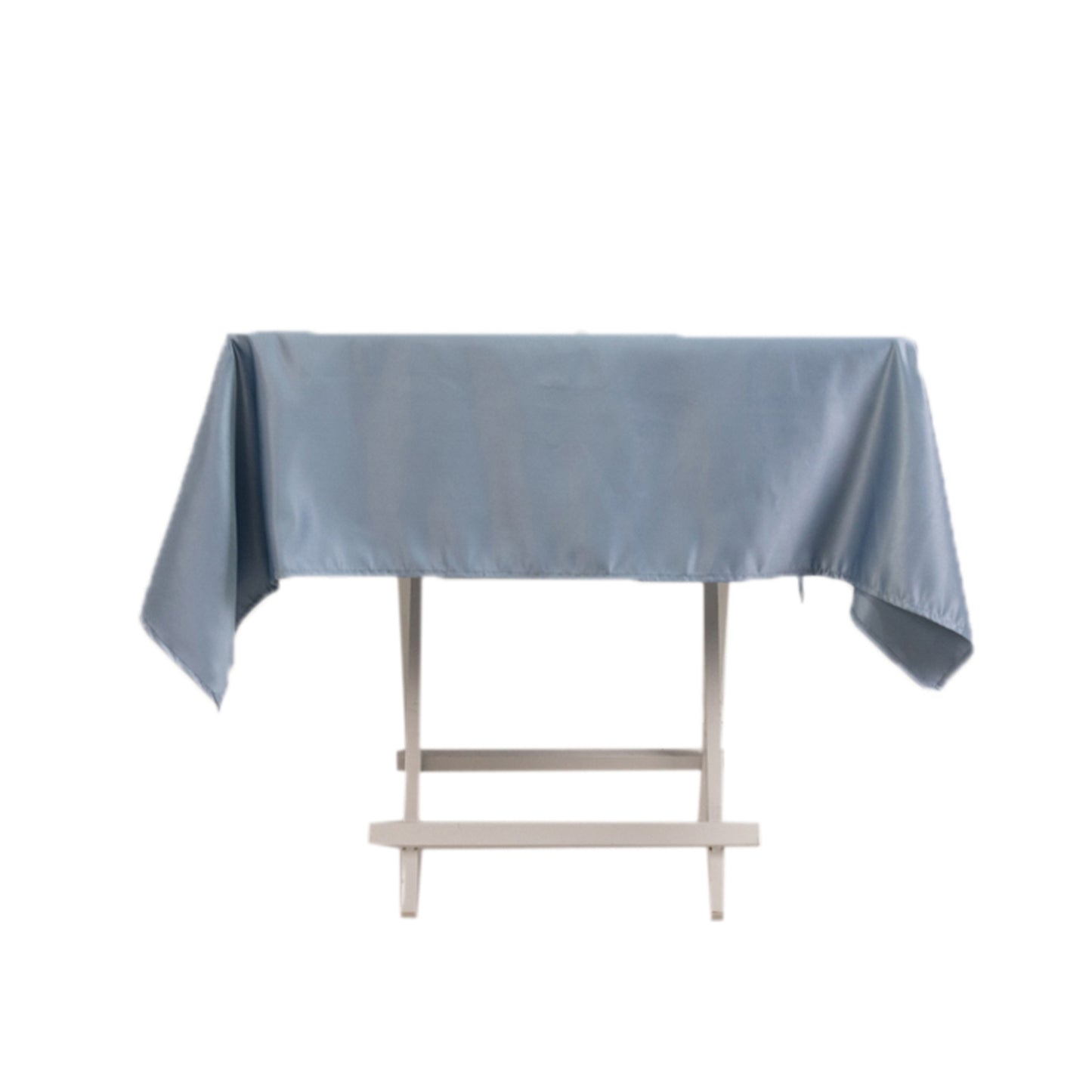 Dusty blue satin square tablecloth on a table.