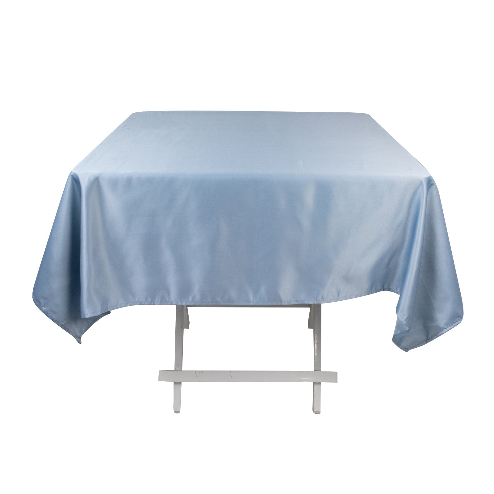 Dusty blue satin square tablecloth on a white table.