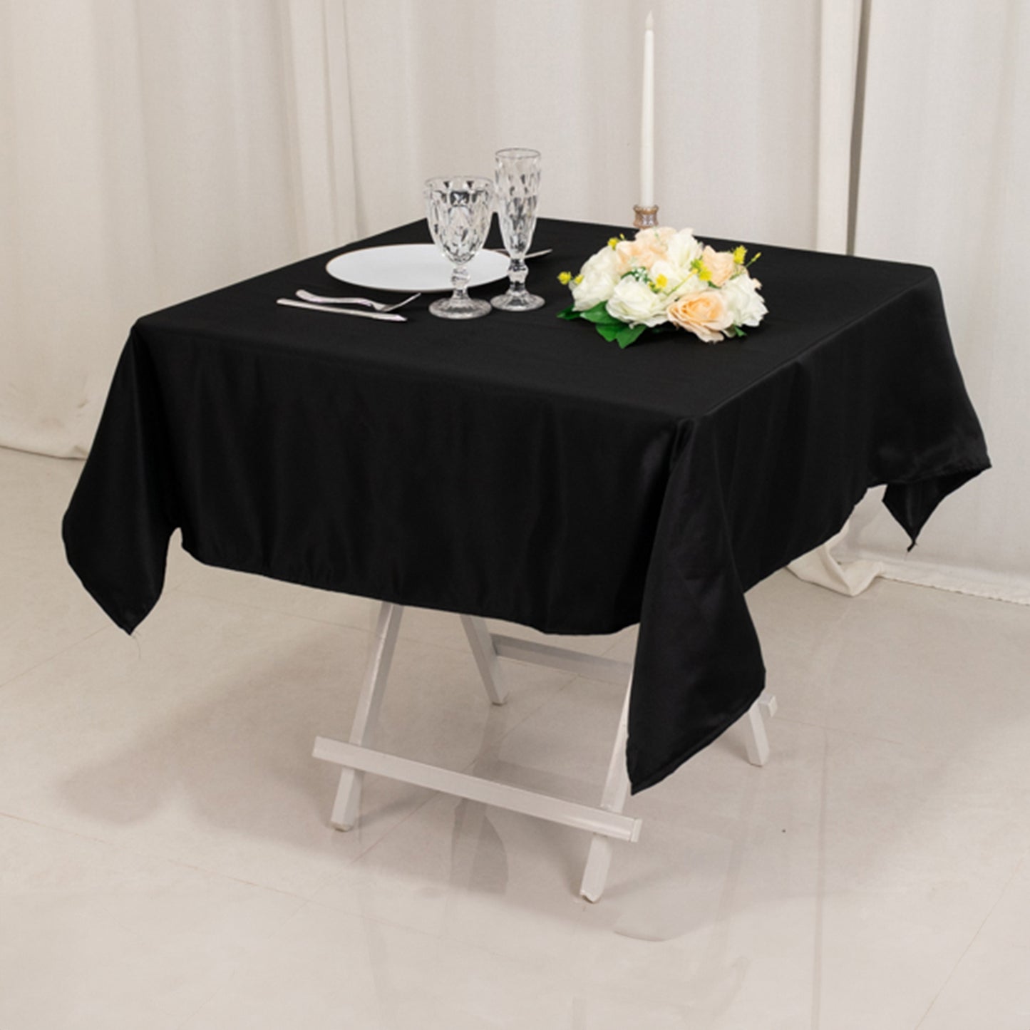 54" Black Lamour Satin Square Table Overlay