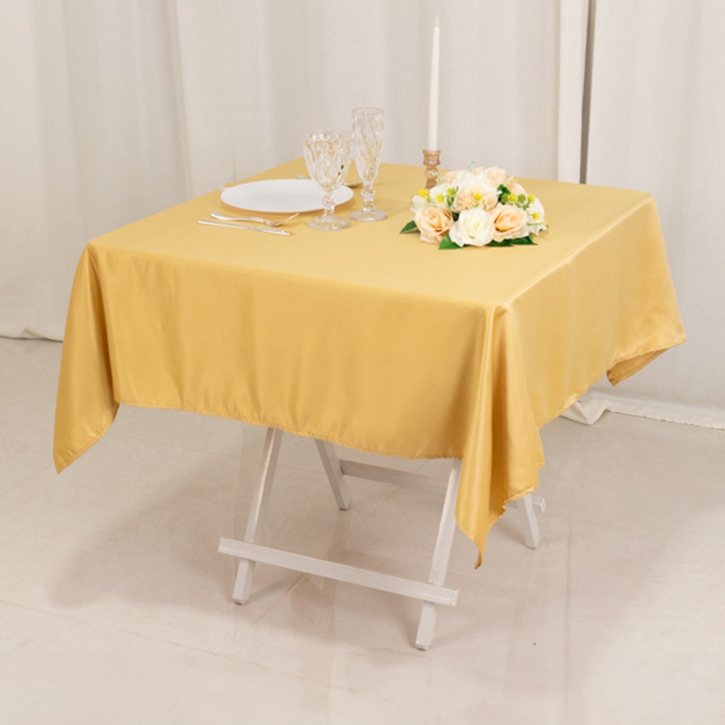 54" Champagne Lamour Satin Square Table Overlay