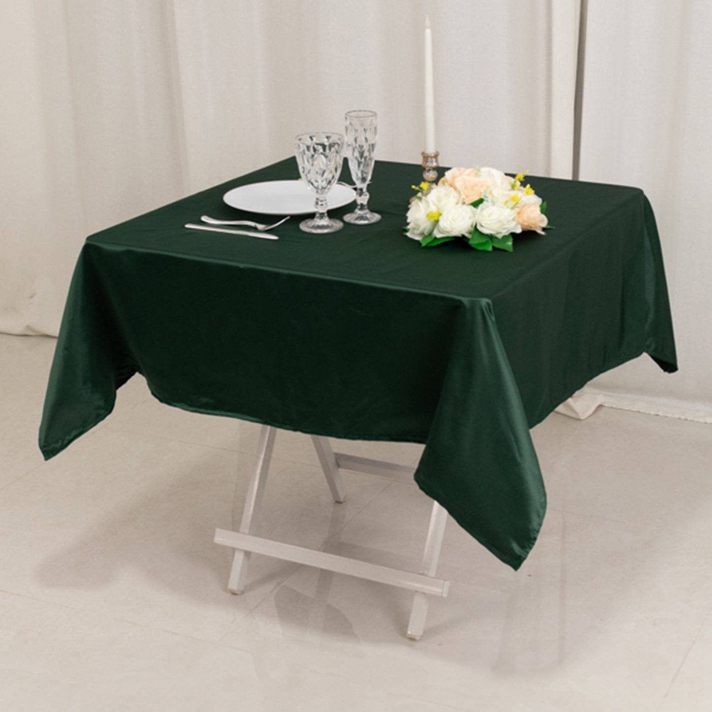 54" Hunter Emerald Green Lamour Satin Square Table Overlay
