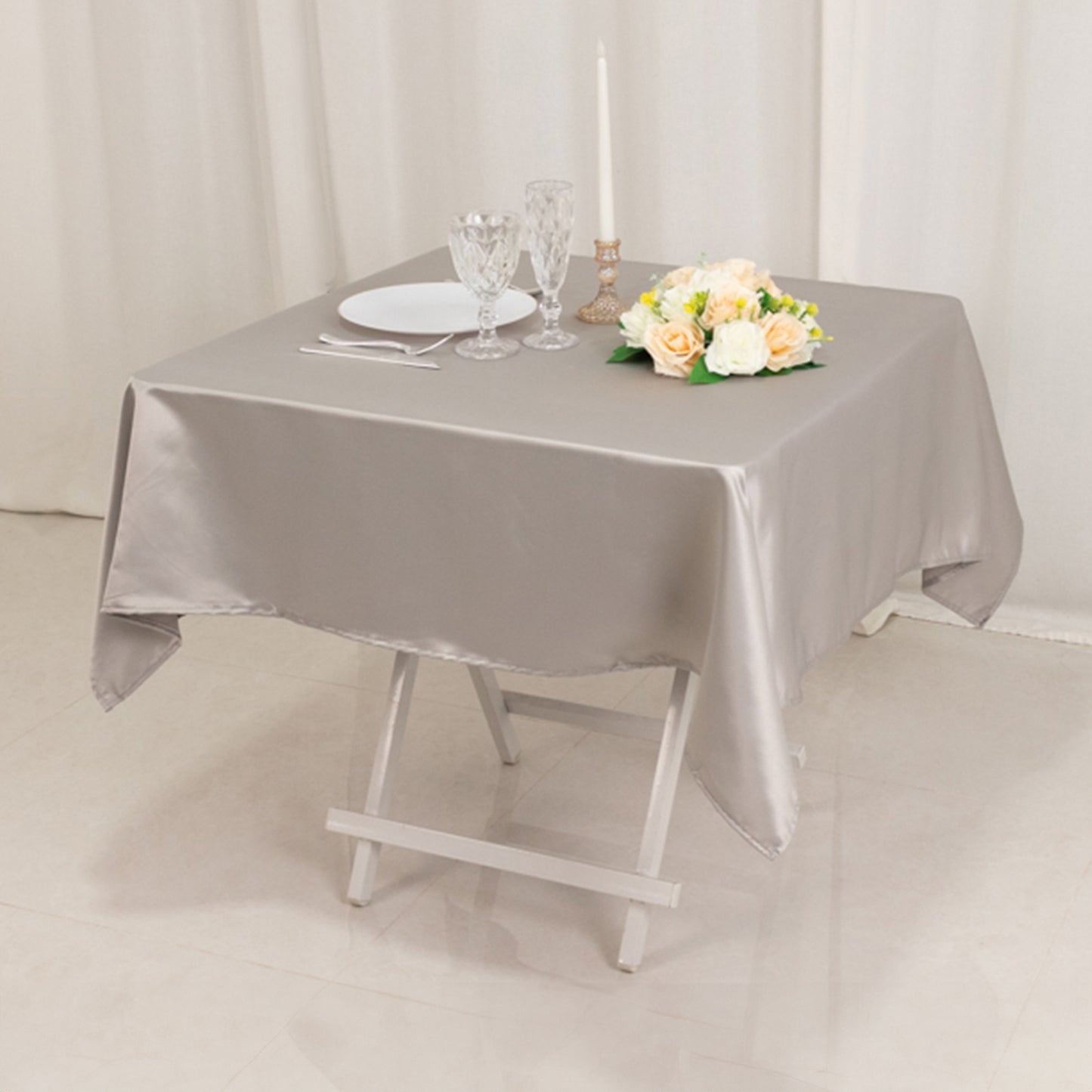 54" Silver Lamour Satin Square Table Overlay