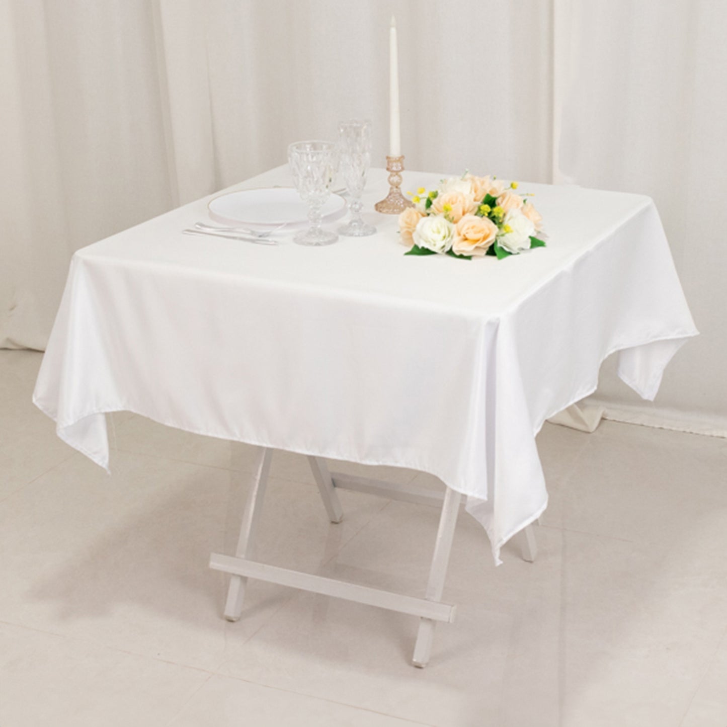 54" White Lamour Satin Square Table Overlay