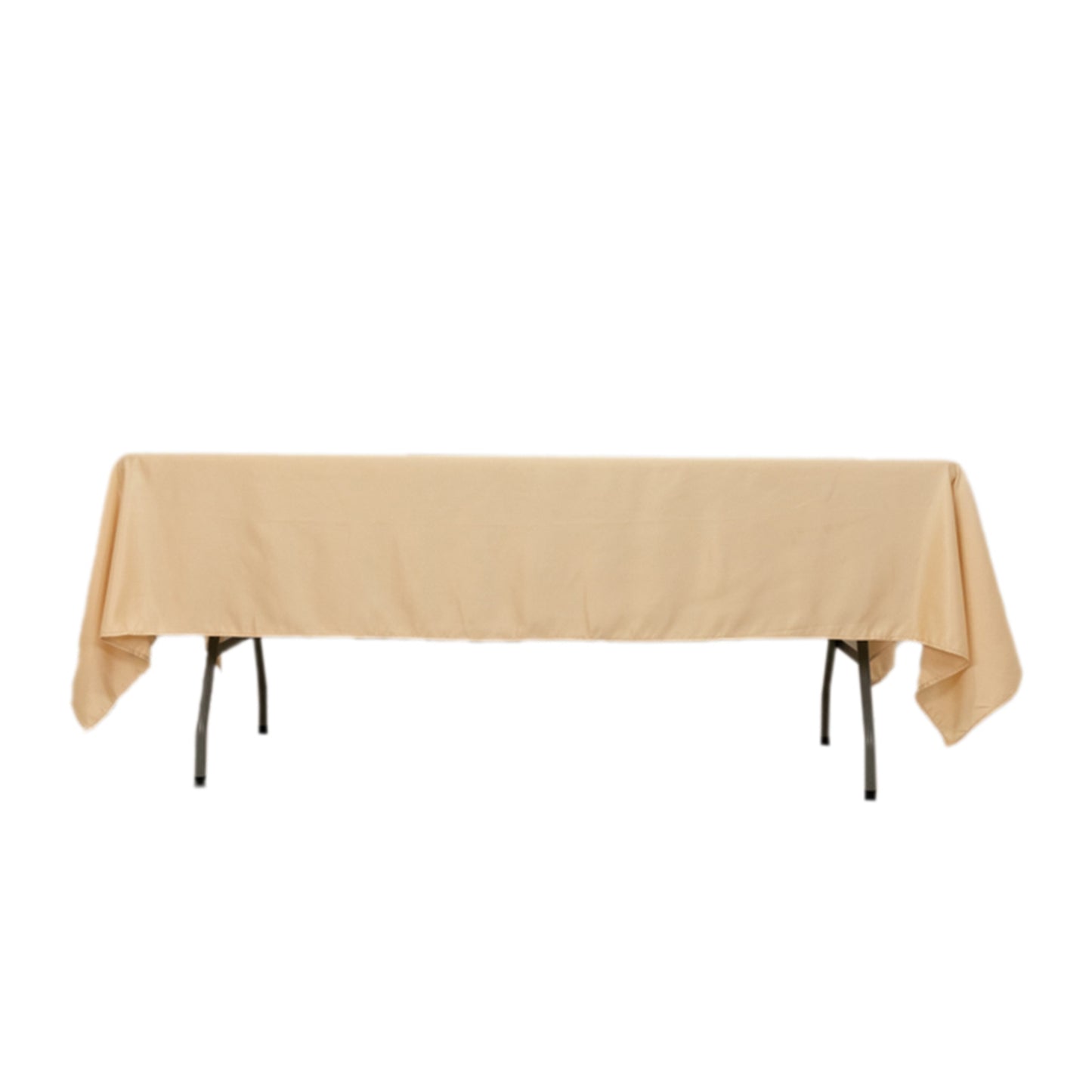 Beige satin rectangle tablecloth, 60"x102" size, perfect for events.
