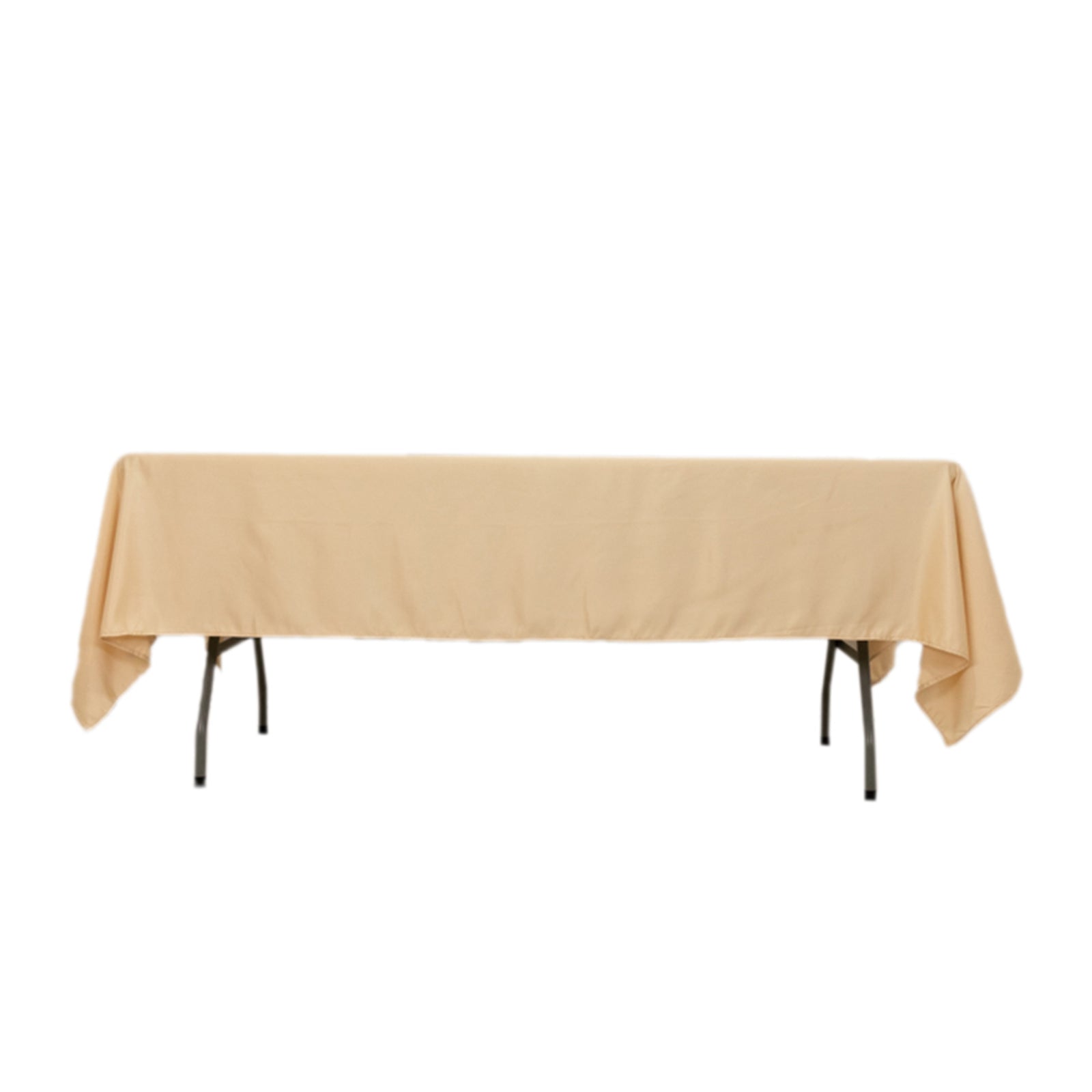 Beige satin rectangle tablecloth, 60"x102" size, perfect for events.