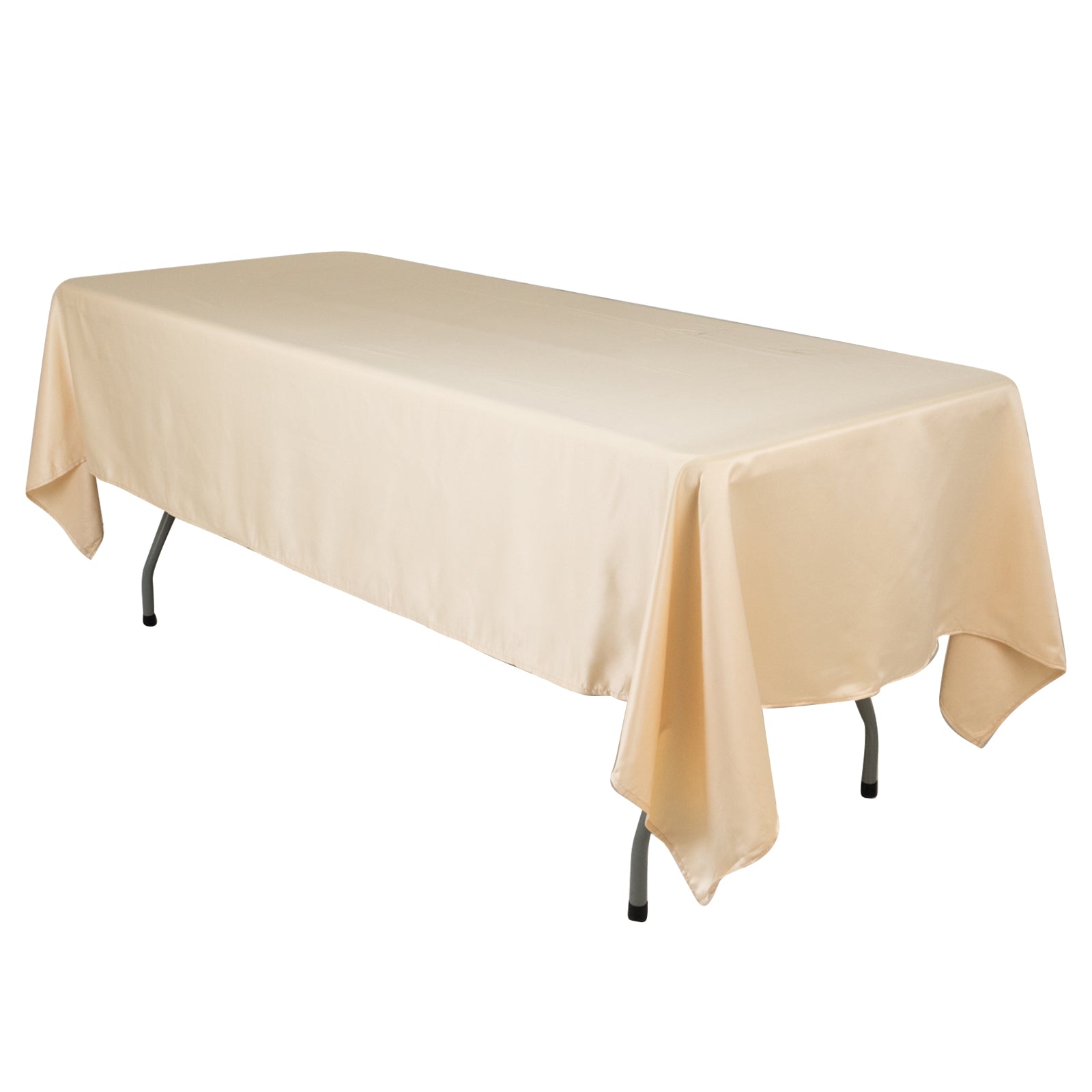 Beige satin rectangle tablecloth, 60"x102", elegant and smooth finish.