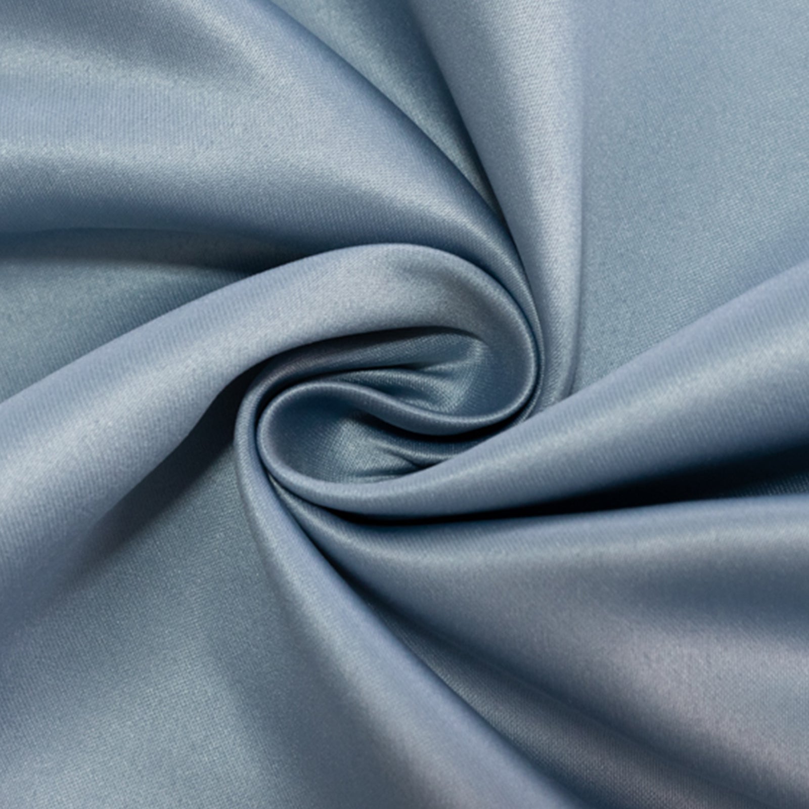 Dusty blue satin tablecloth fabric in a swirling pattern.
