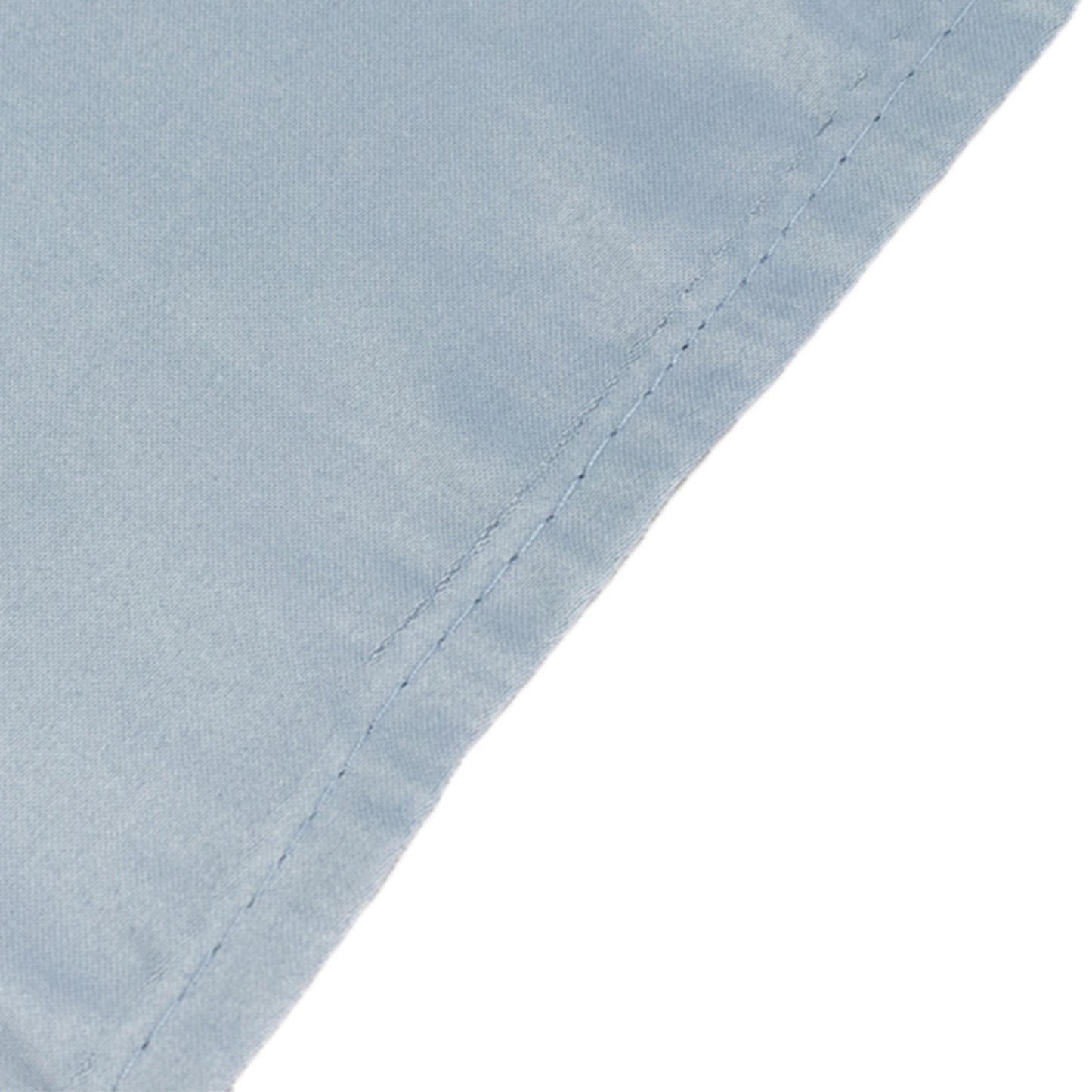 Dusty blue Lamour satin rectangle tablecloth corner detail.