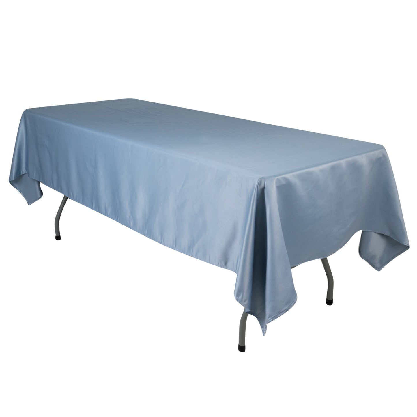 Dusty blue satin rectangle tablecloth on a table.