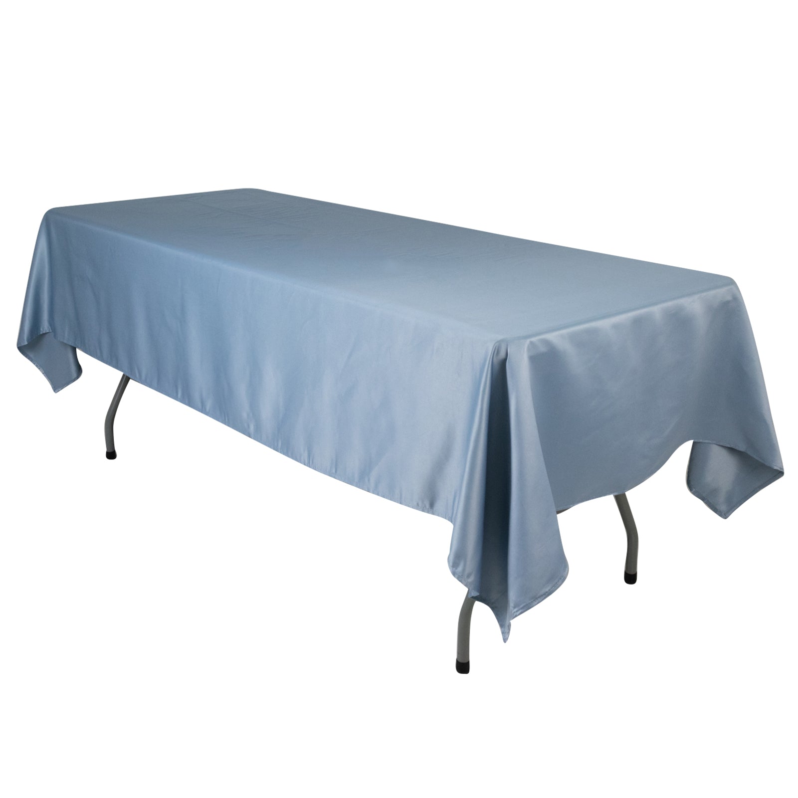 Dusty blue satin rectangle tablecloth on a table.