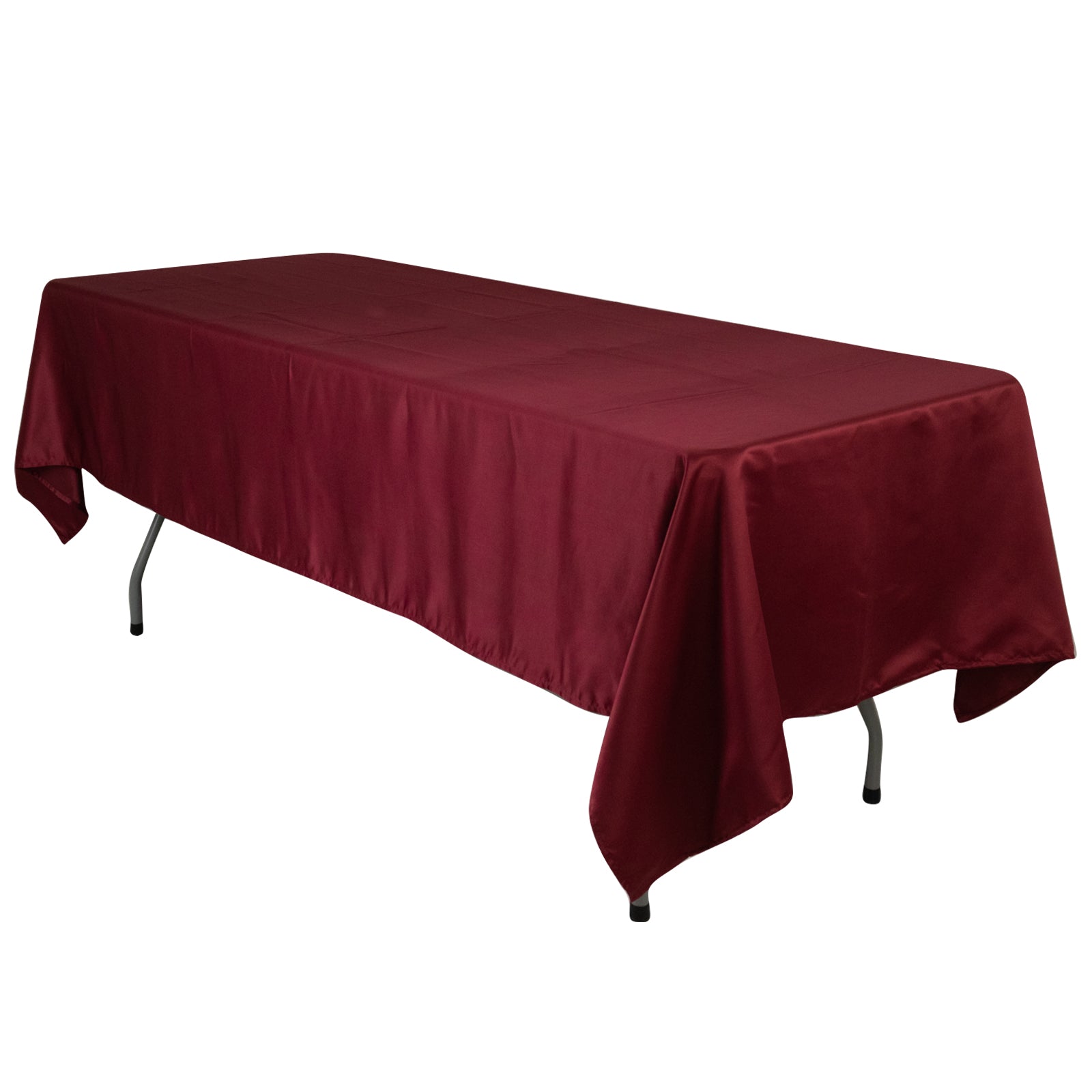 Burgundy satin rectangle tablecloth, 60"x102" size.