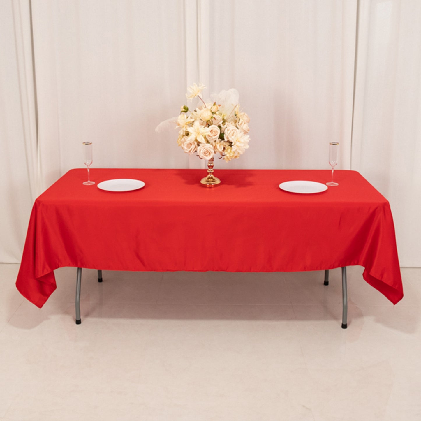 Red satin rectangle tablecloth, 60"x102", perfect for elegant table settings.