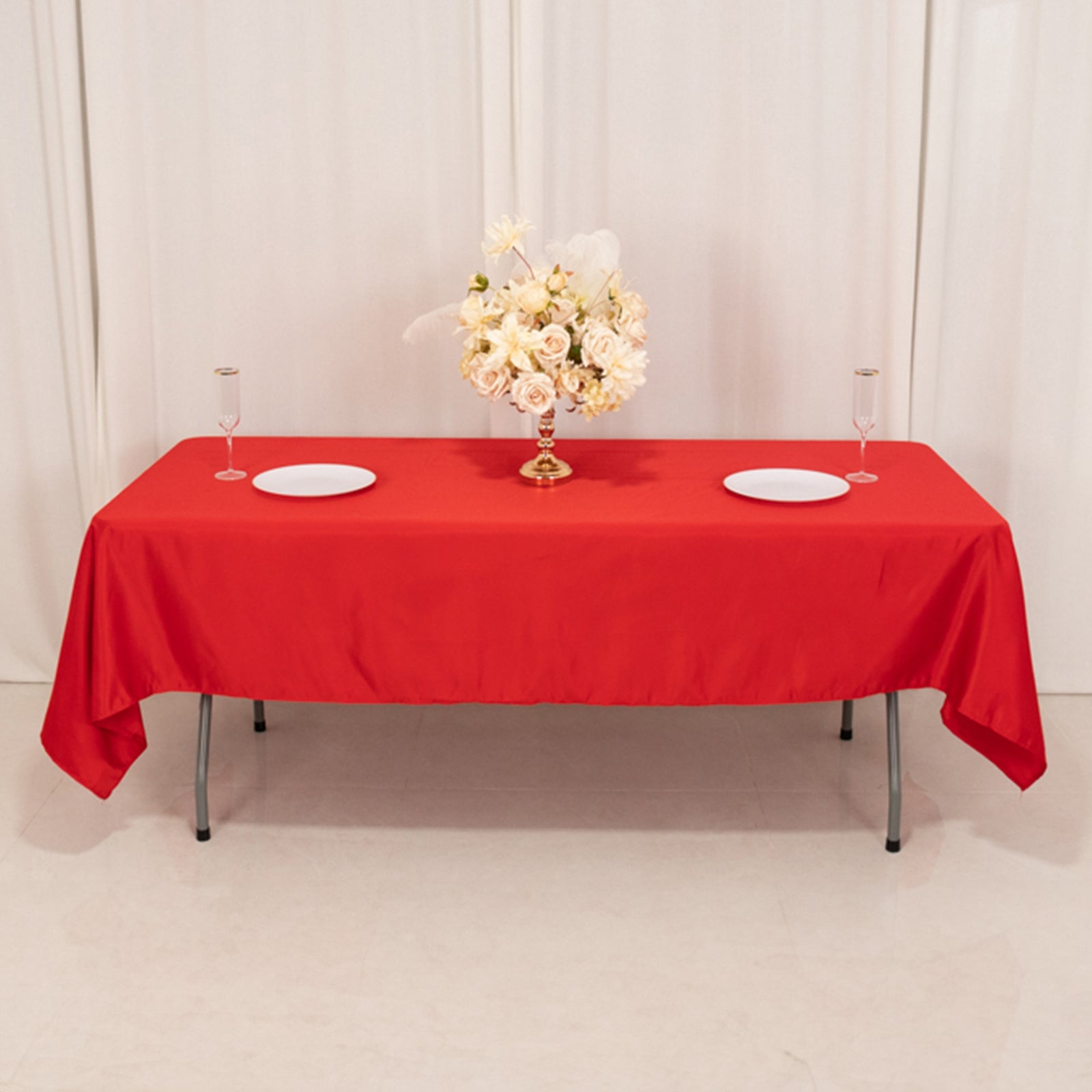 Red satin rectangle tablecloth, 60"x102", perfect for elegant table settings.