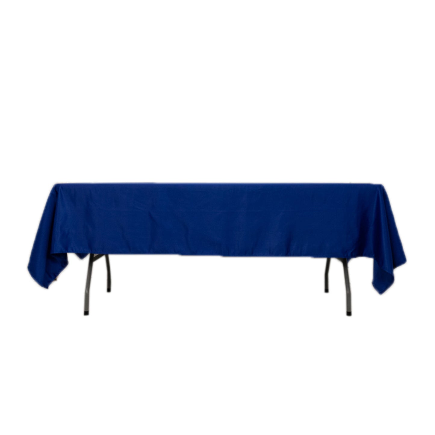 Royal Blue Lamour Satin Rectangle Tablecloth on a table.