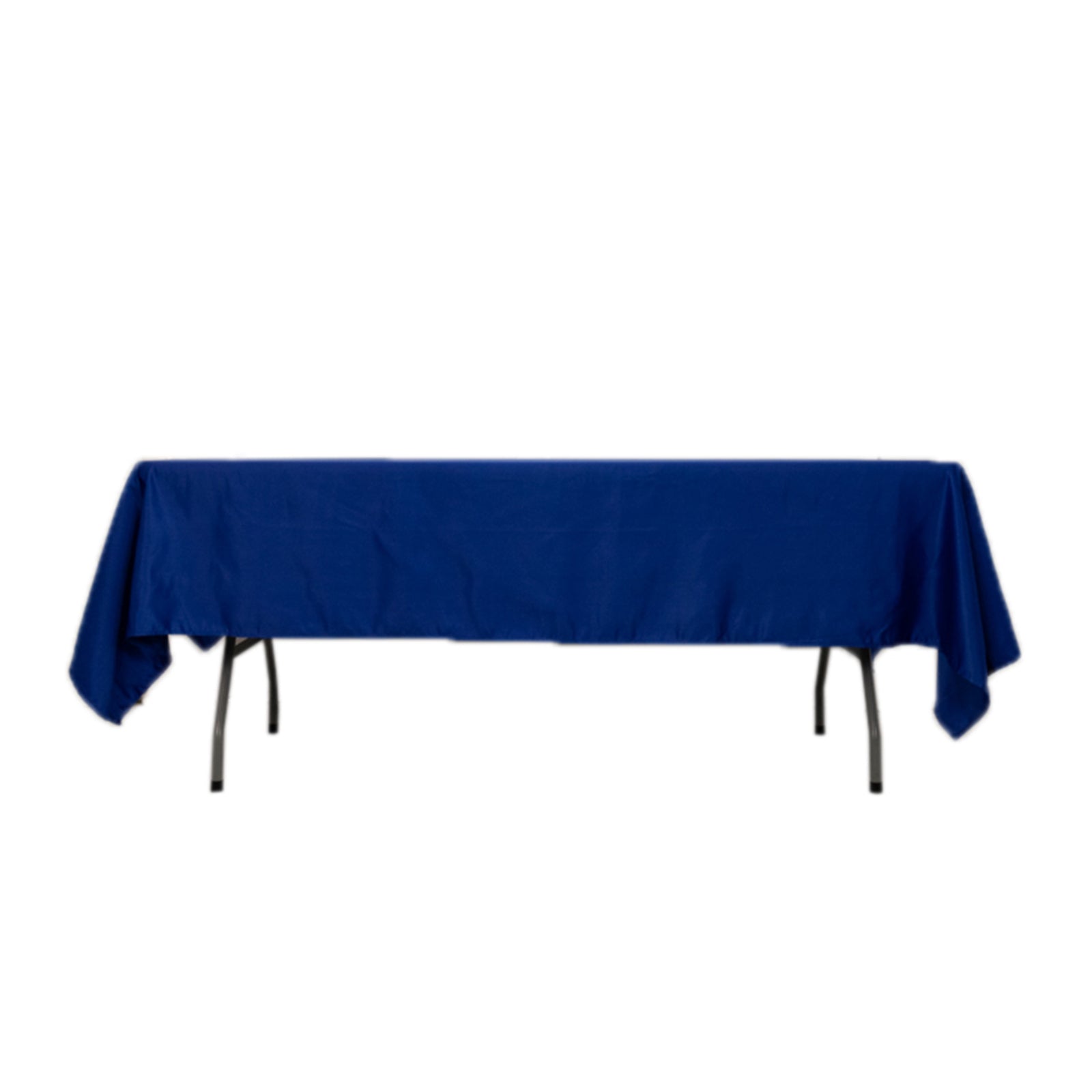 Royal Blue Lamour Satin Rectangle Tablecloth on a table.
