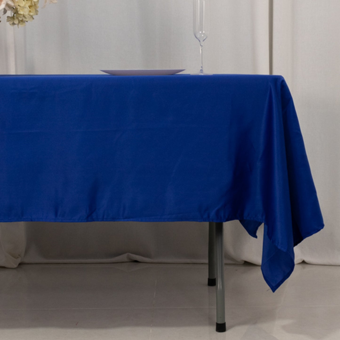 Royal blue satin rectangle tablecloth, 60"x102" for elegant table settings.