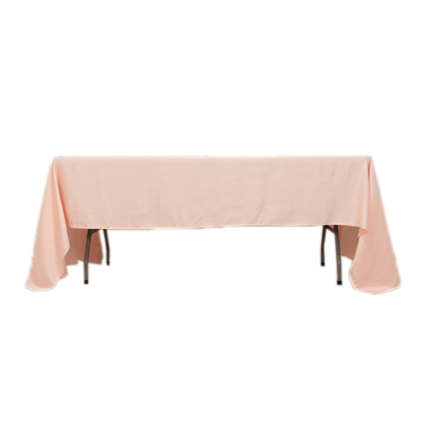 Blush satin rectangle tablecloth on a table.