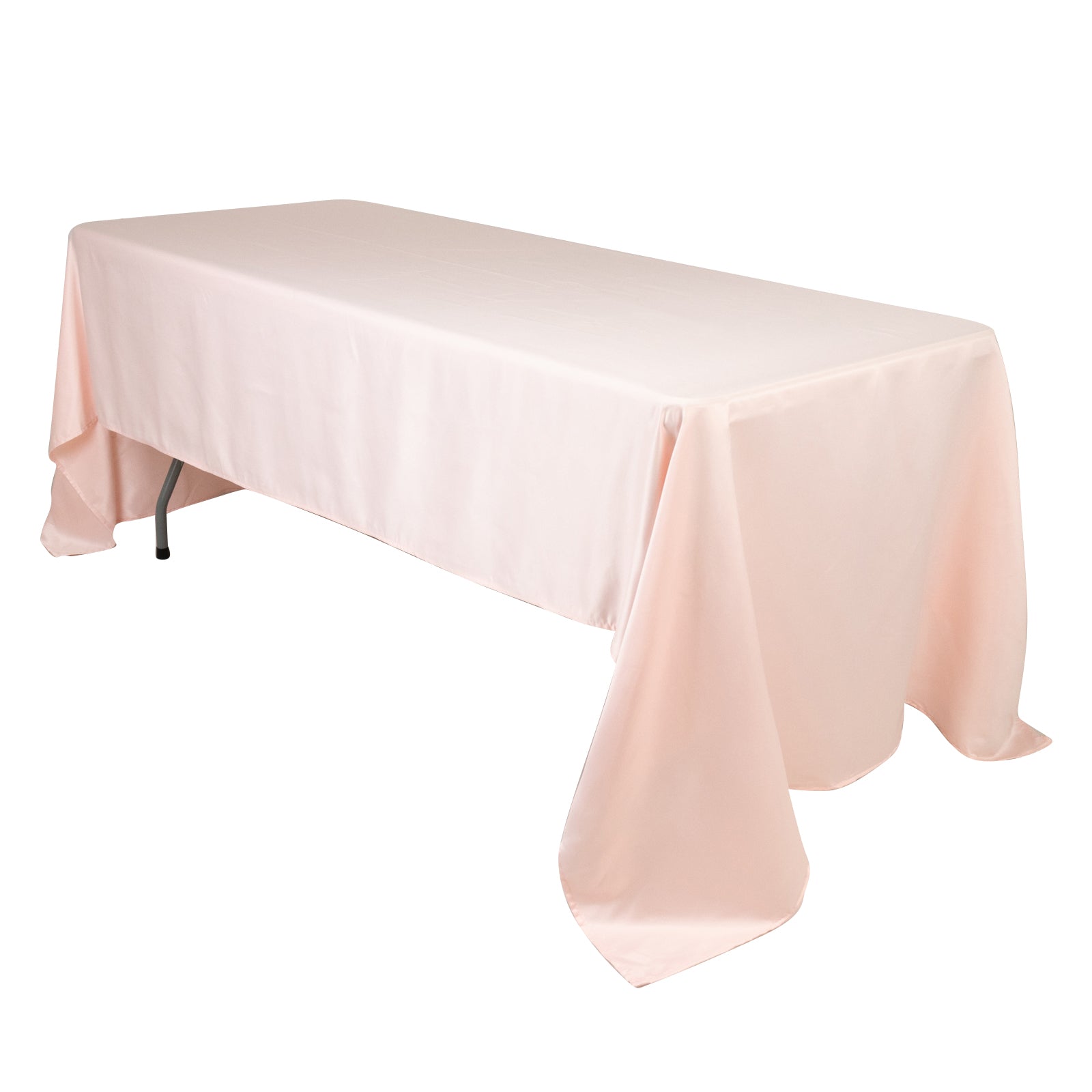 Blush satin rectangle tablecloth for elegant dining setups.