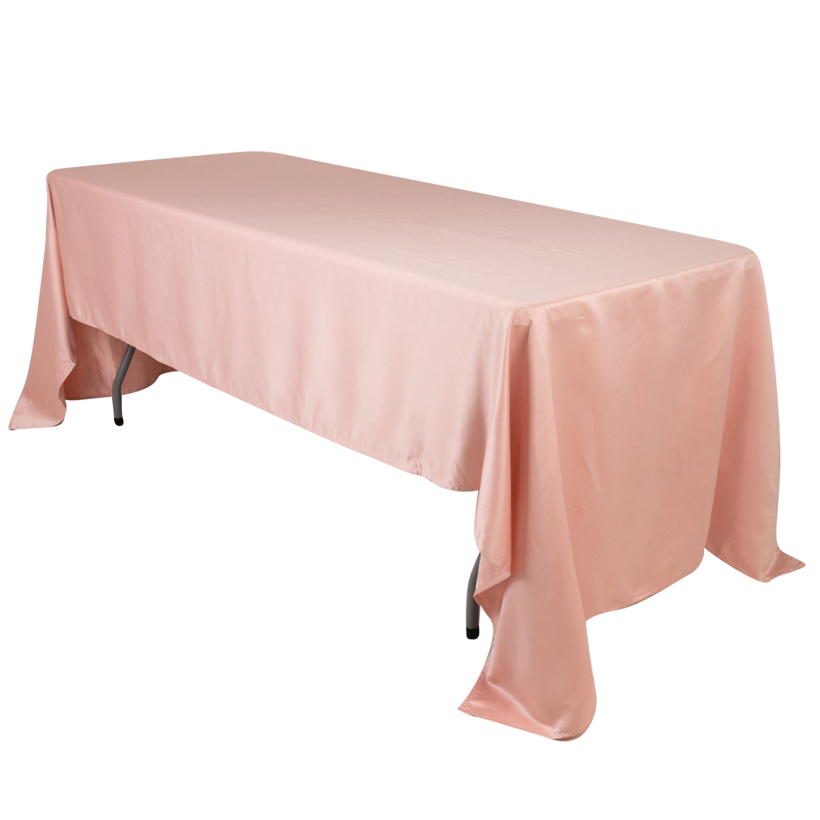 Dusty rose satin rectangle tablecloth on a table.