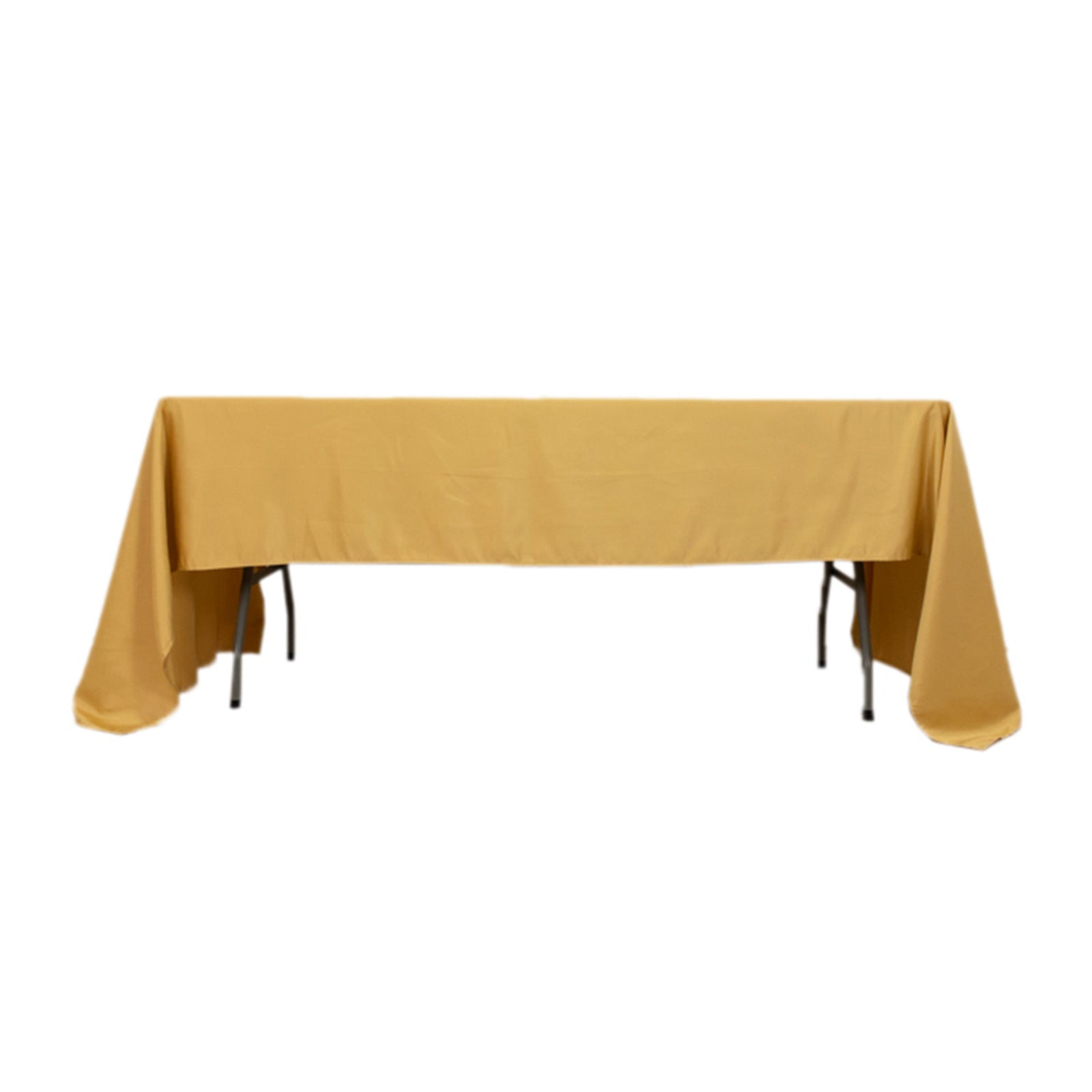 Champagne satin rectangle tablecloth, 60"x126", elegant and durable.