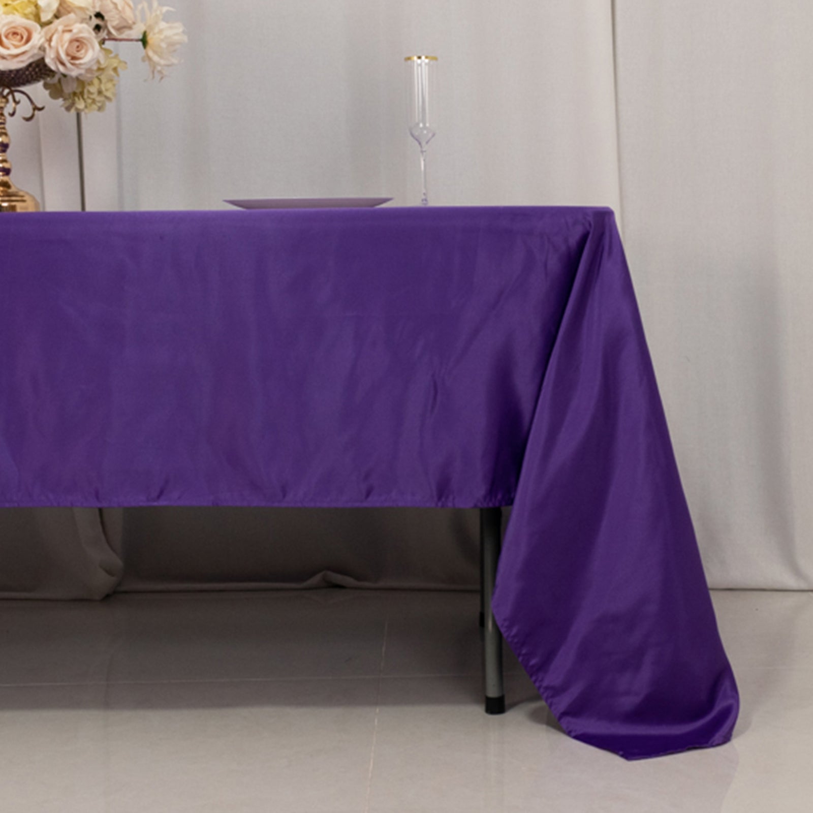 Purple Lamour satin rectangle tablecloth, 60"x126" in a vibrant shade.