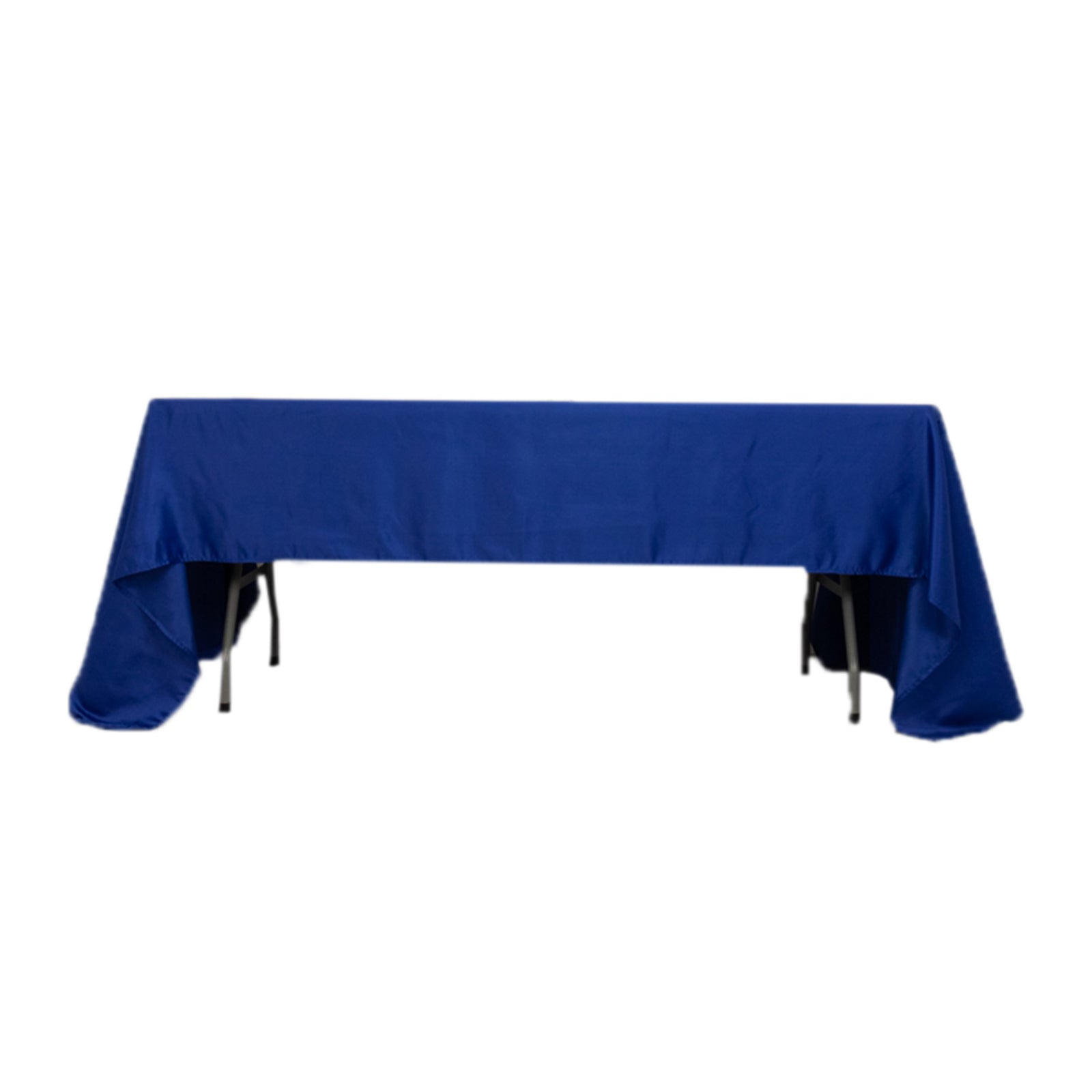 Royal Blue Lamour Satin Rectangle Tablecloth on a table.