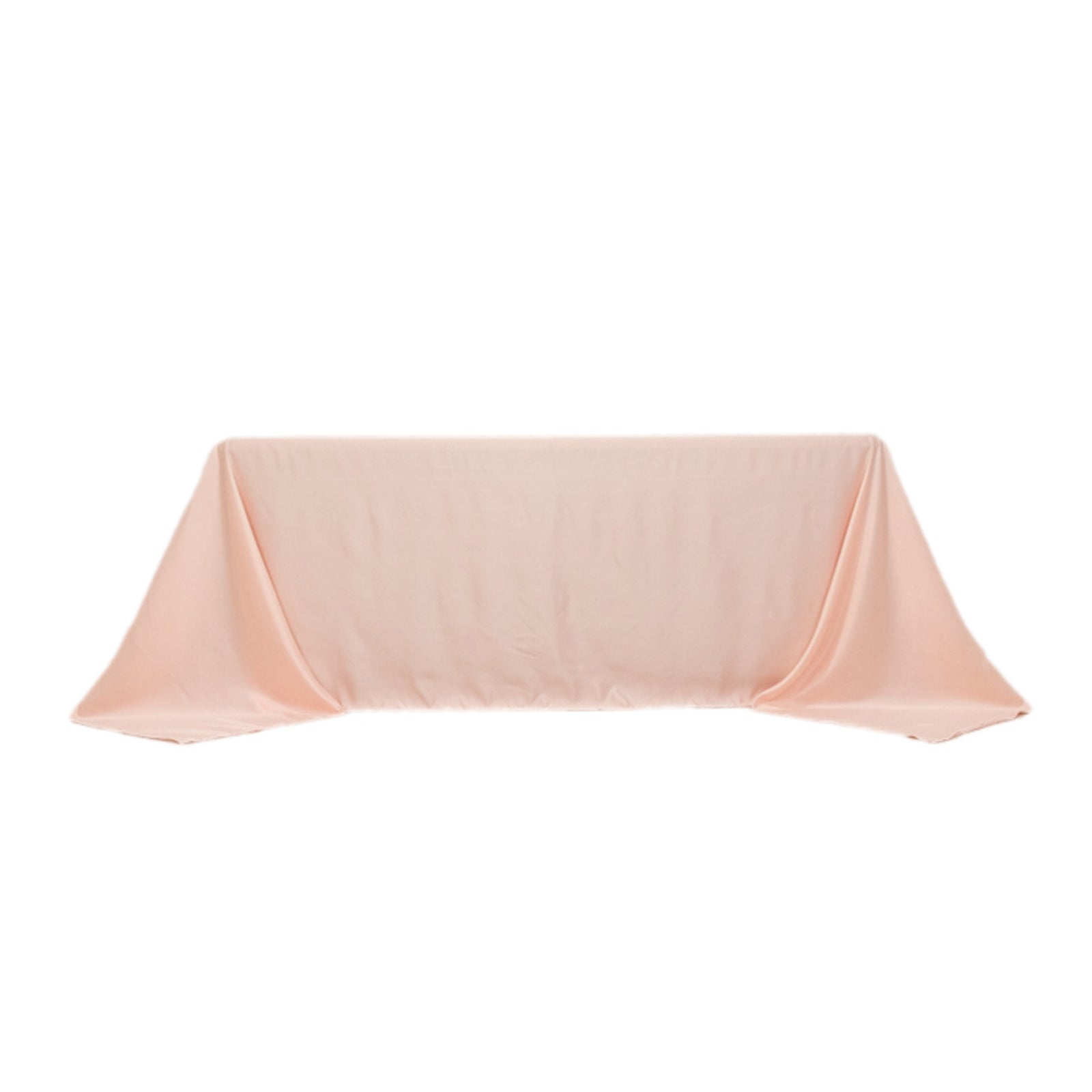 Blush satin tablecloth for 6-foot table with floor-length drop.
