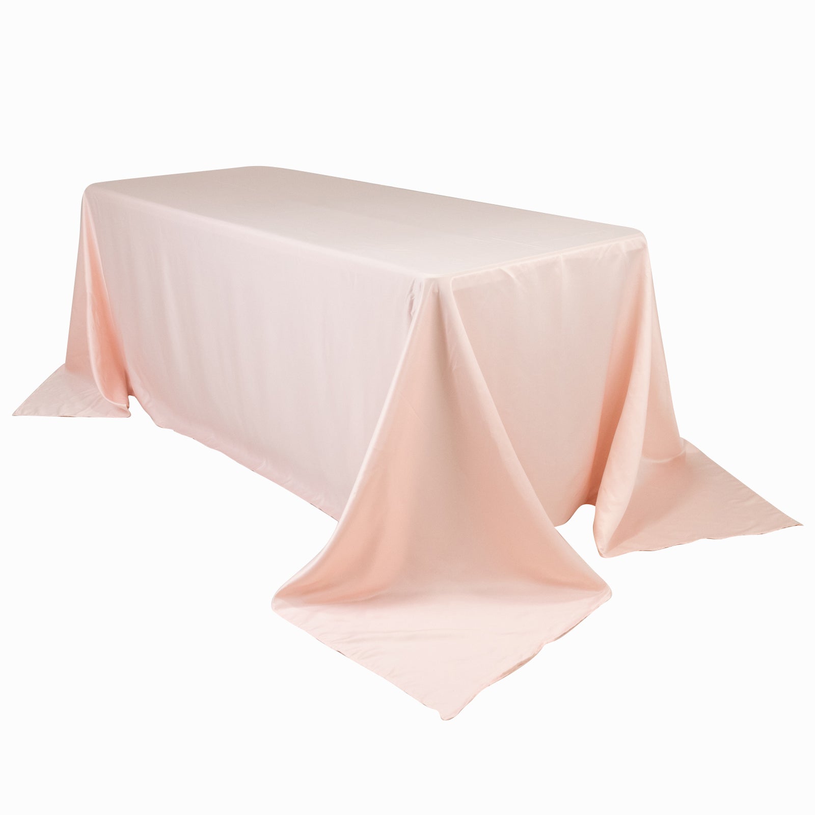Blush satin tablecloth for a 6-foot table with floor-length drop.