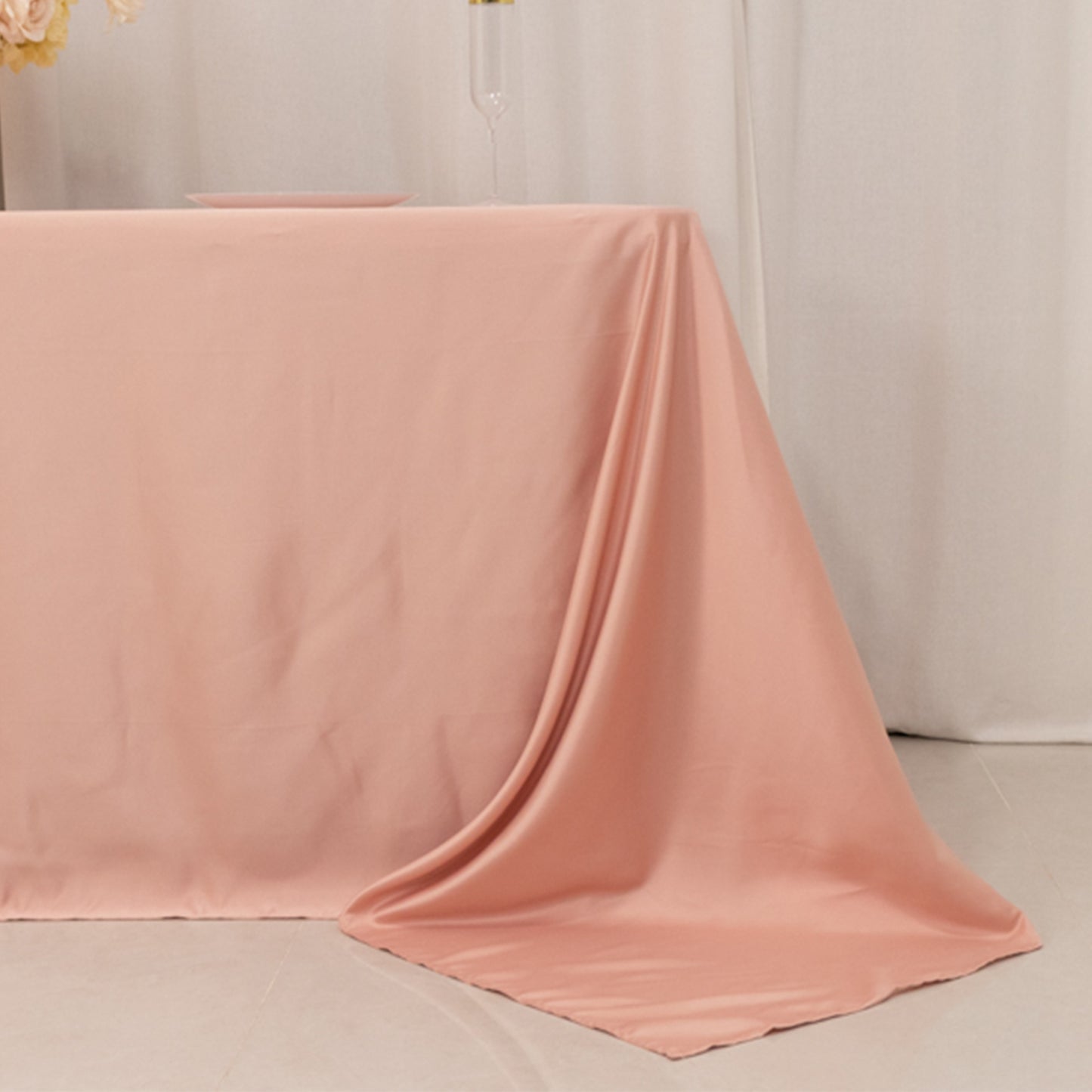 90"x132" Dusty Rose Seamless Lamour Satin Rectangle Tablecloth for 6 Foot Table With Floor-Length Drop