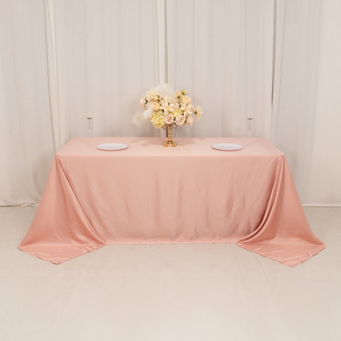 90"x132" Dusty Rose Seamless Lamour Satin Rectangle Tablecloth for 6 Foot Table With Floor-Length Drop