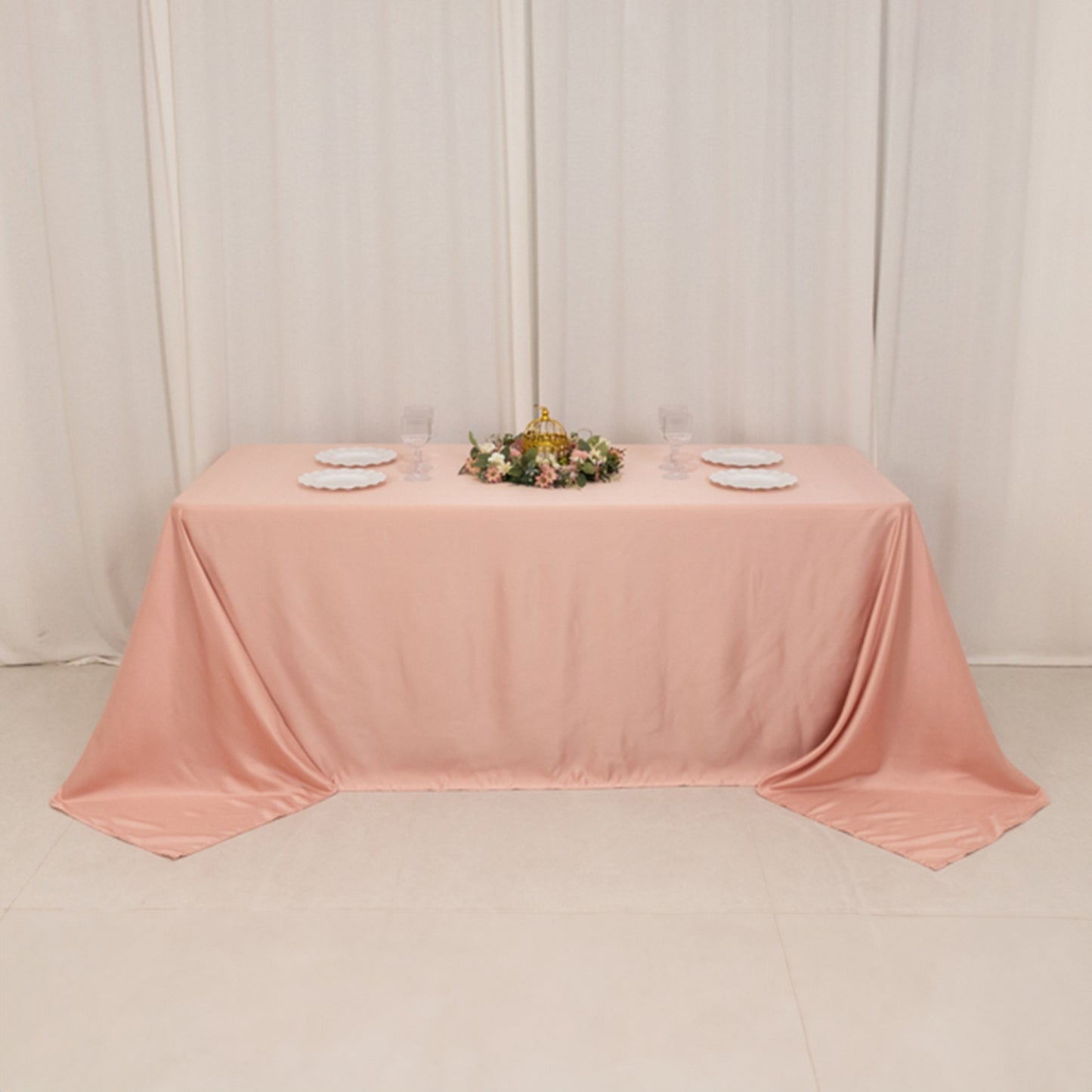 90"x132" Dusty Rose Seamless Lamour Satin Rectangle Tablecloth for 6 Foot Table With Floor-Length Drop