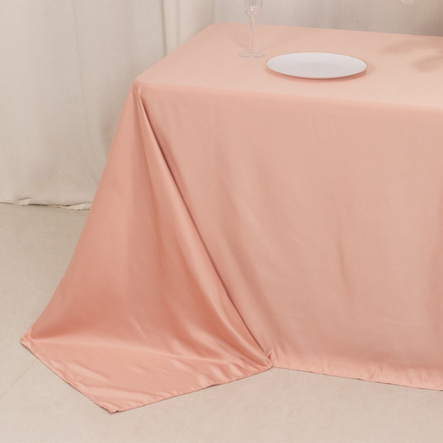 90"x132" Dusty Rose Seamless Lamour Satin Rectangle Tablecloth for 6 Foot Table With Floor-Length Drop