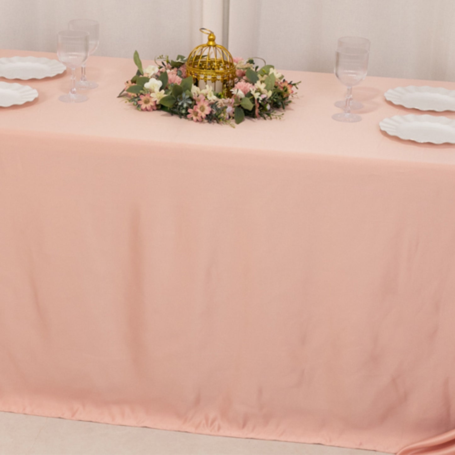 90"x132" Dusty Rose Seamless Lamour Satin Rectangle Tablecloth for 6 Foot Table With Floor-Length Drop