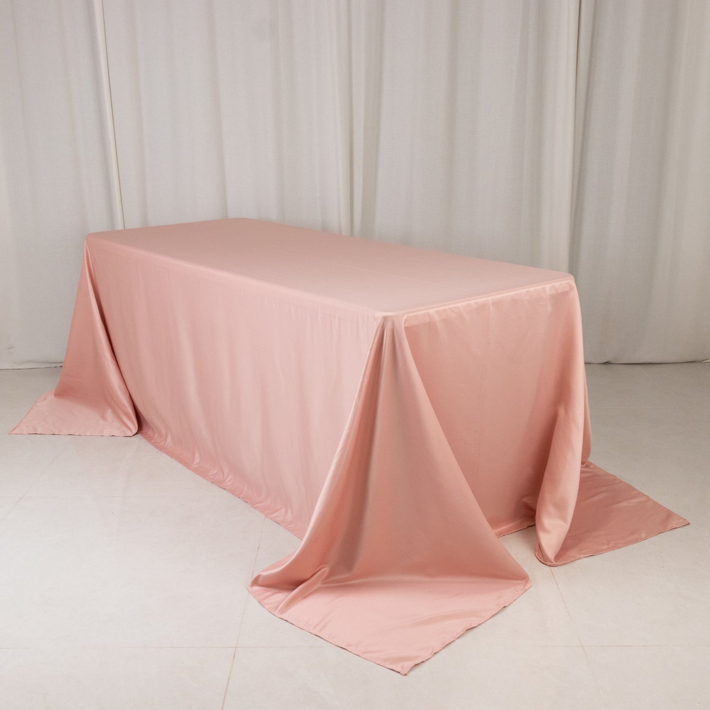 90"x132" Dusty Rose Seamless Lamour Satin Rectangle Tablecloth for 6 Foot Table With Floor-Length Drop