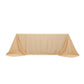 Beige seamless satin tablecloth for 6-foot table with floor-length drop.