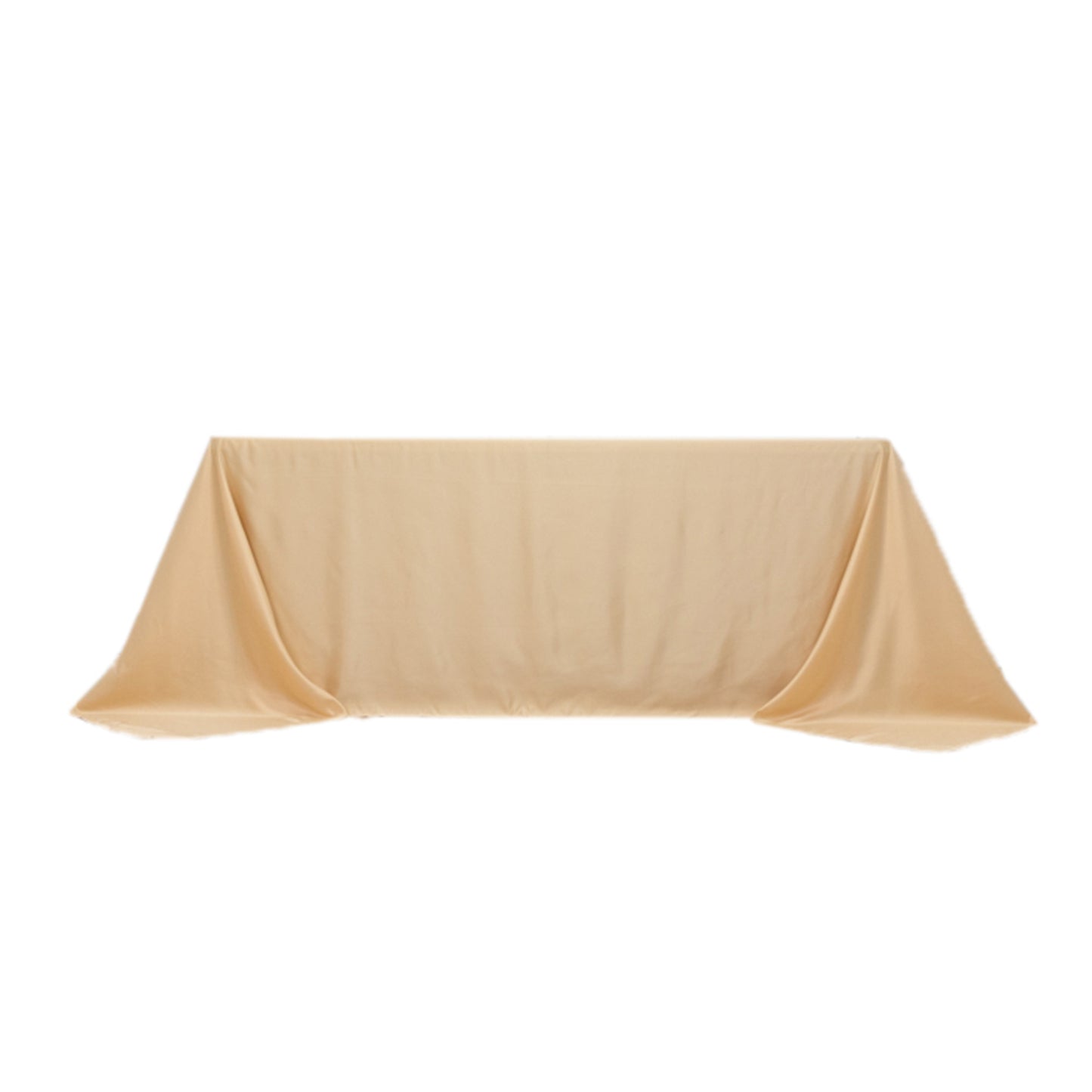 Beige seamless satin tablecloth for 6-foot table with floor-length drop.